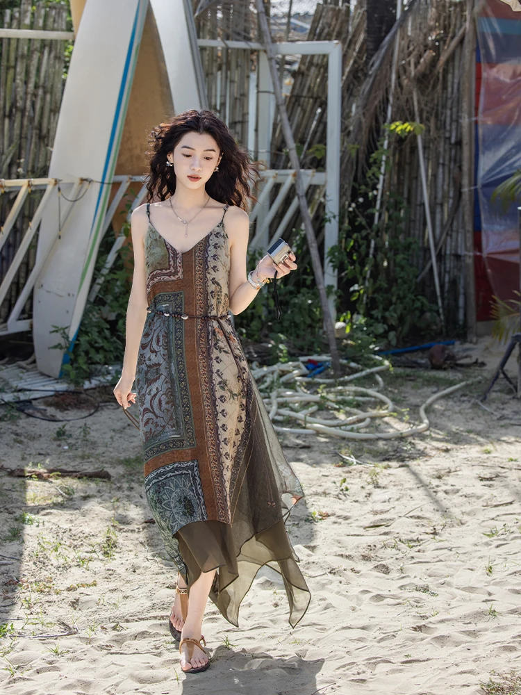 Beach-blown waves + patchwork chiffon camisole maxi dress + ankle-strap sandals