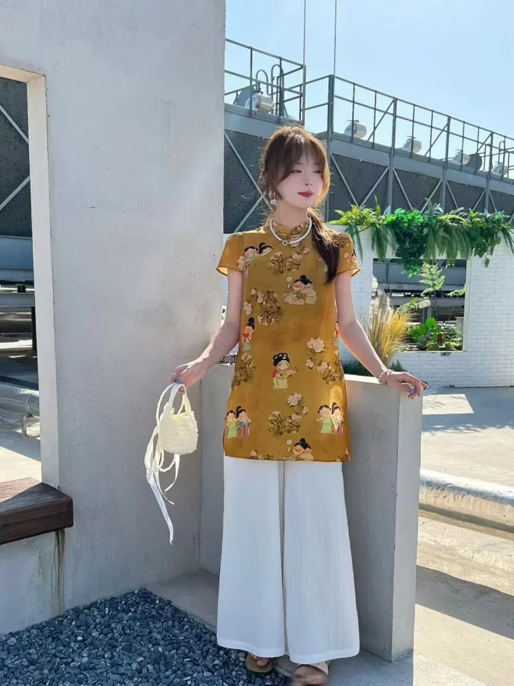 Art-print qipao tunic + ivory palazzo pants + tan sandals