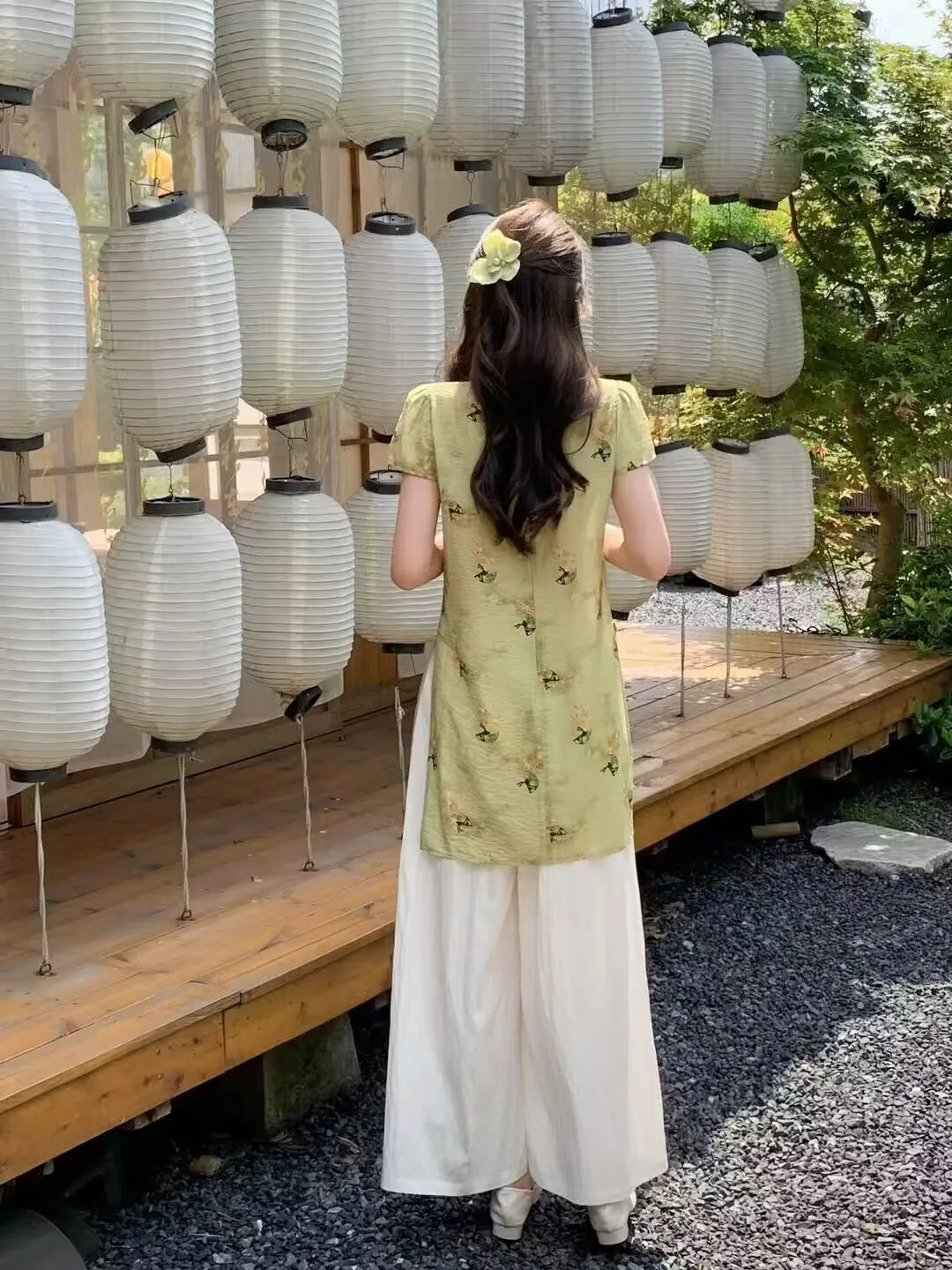 Hibiscus hair clip + sage embroidered qipao tunic + ivory palazzo pants