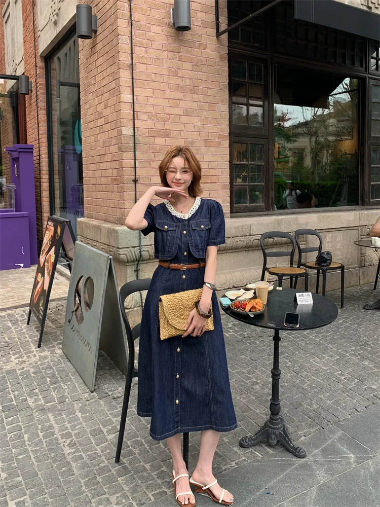 Tousled bob + lace-collar denim midi dress + white sandals