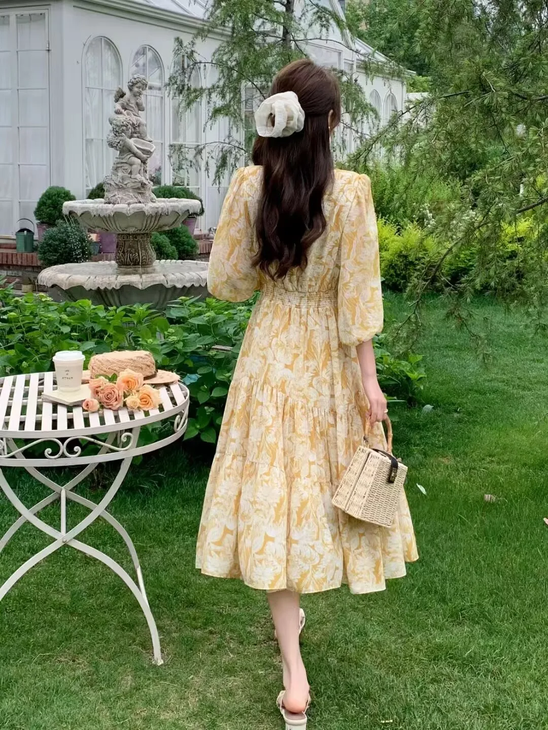 Organza scrunchie + yellow floral tea dress + strappy sandals