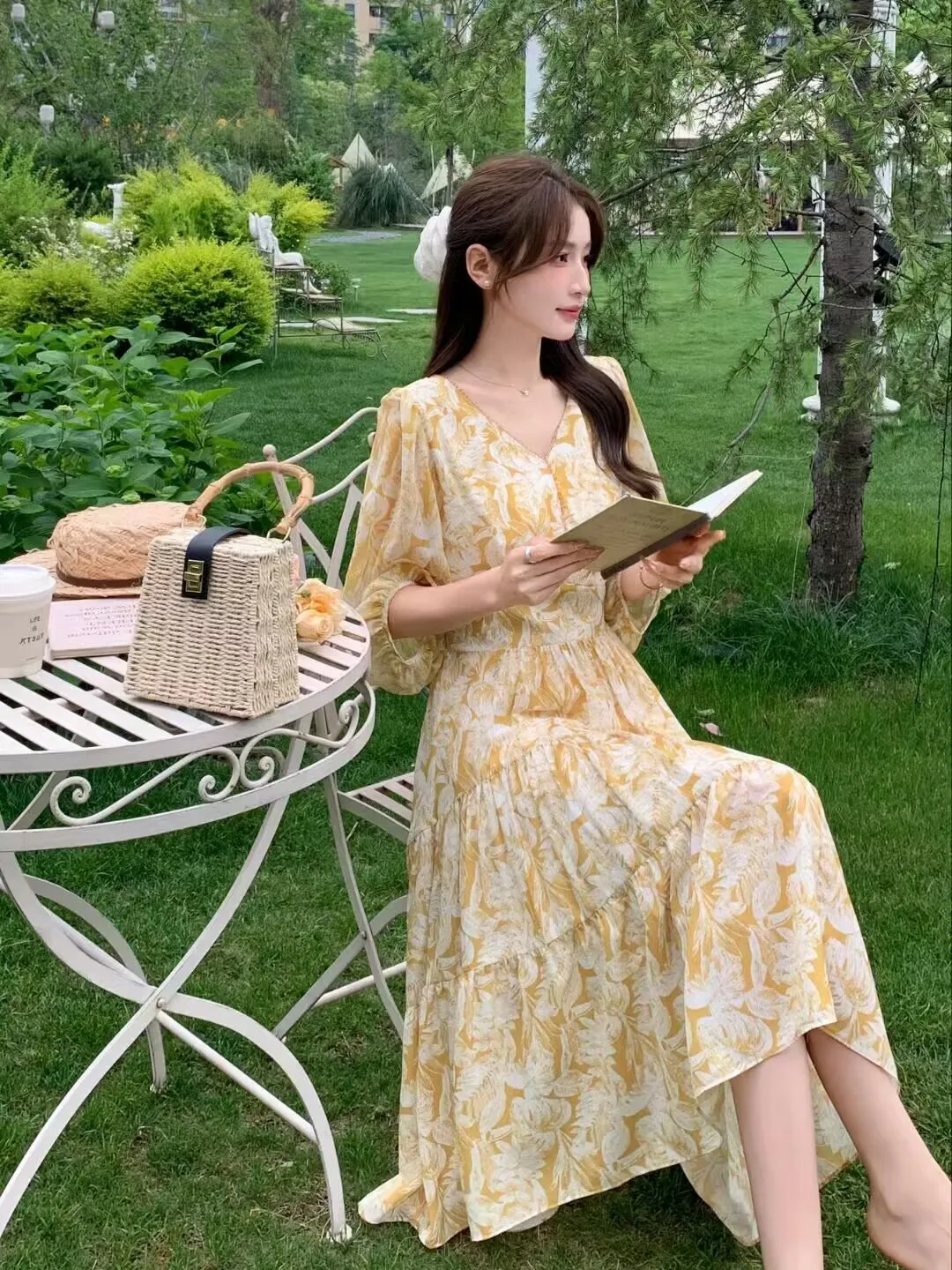 Organza scrunchie + yellow floral tea dress