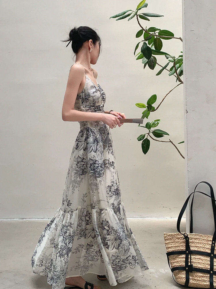 Paper fan mask + ivory organza embroidered dress + tan slide sandals