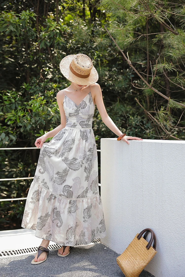 Straw boater + paisley slip dress + thong sandals