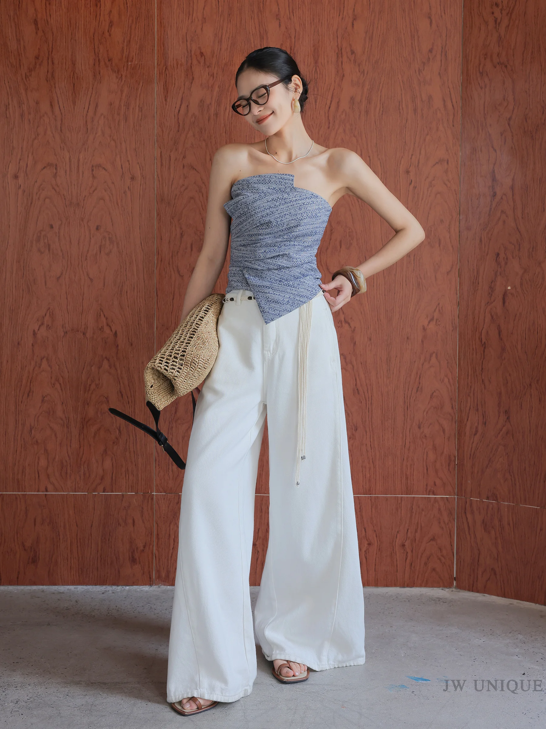 Cat-eye glasses + shirred bandeau top + white wide pants