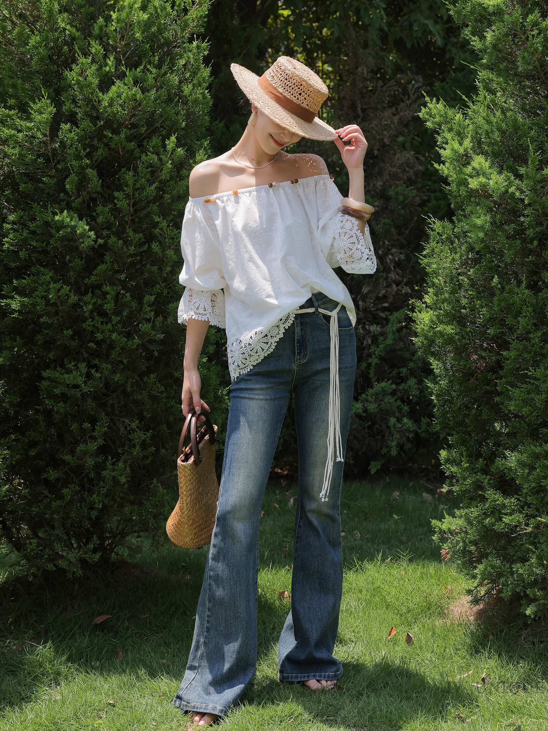 Boater hat + off-shoulder broderie blouse + vintage wash jeans