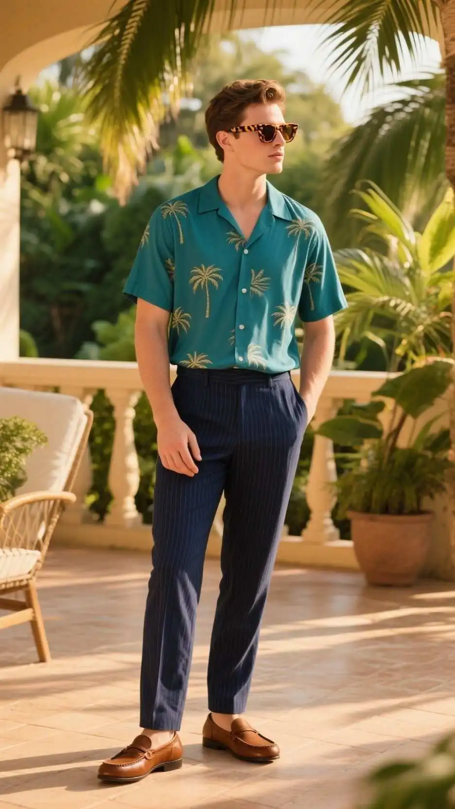 Wayfarer Sunglasses + Cuban Collar Shirt + Seersucker Trousers + Leather Loafers