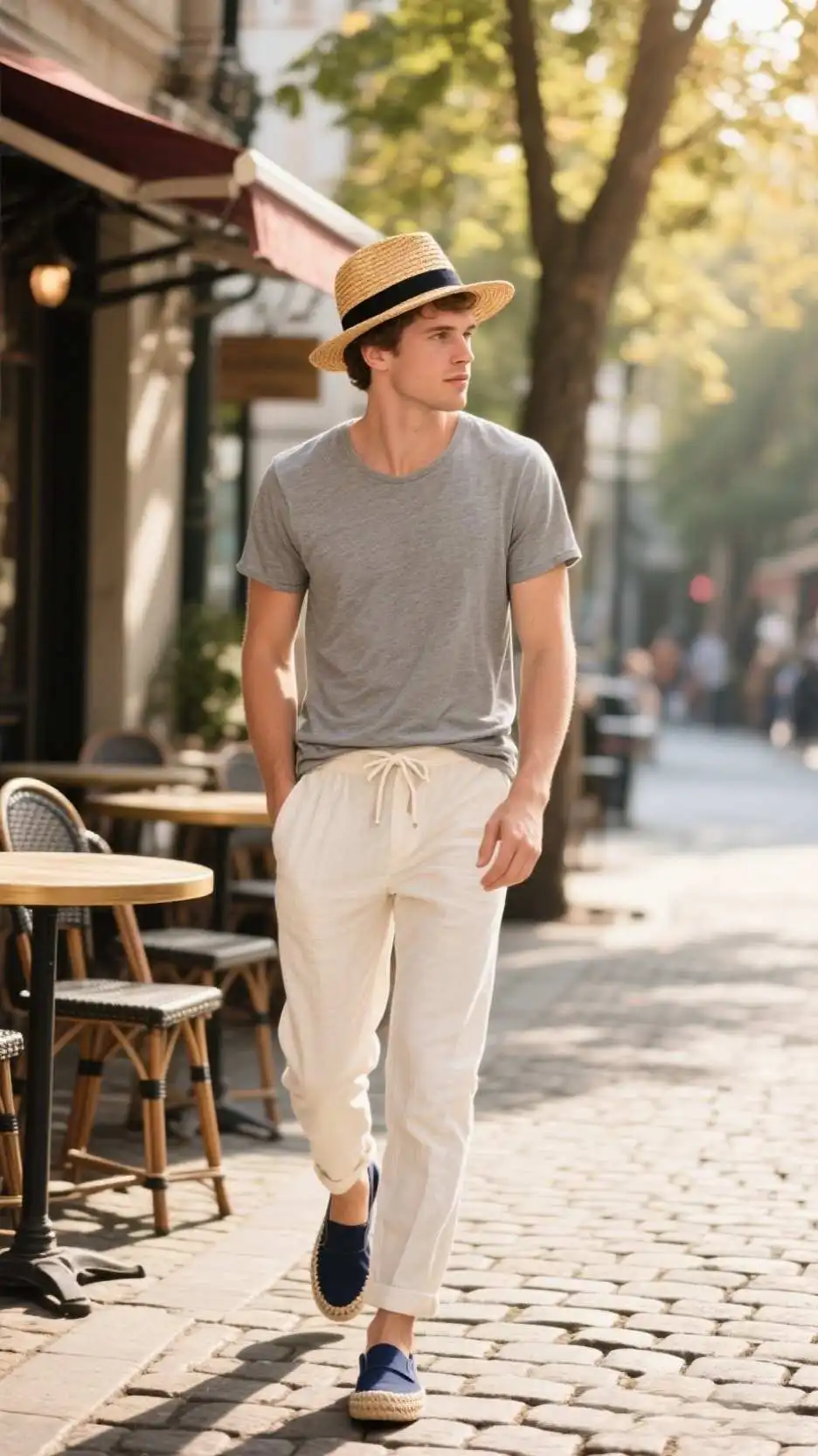 Straw Fedora + Slub Cotton Tee + Lightweight Drawstring Pants + Espadrilles