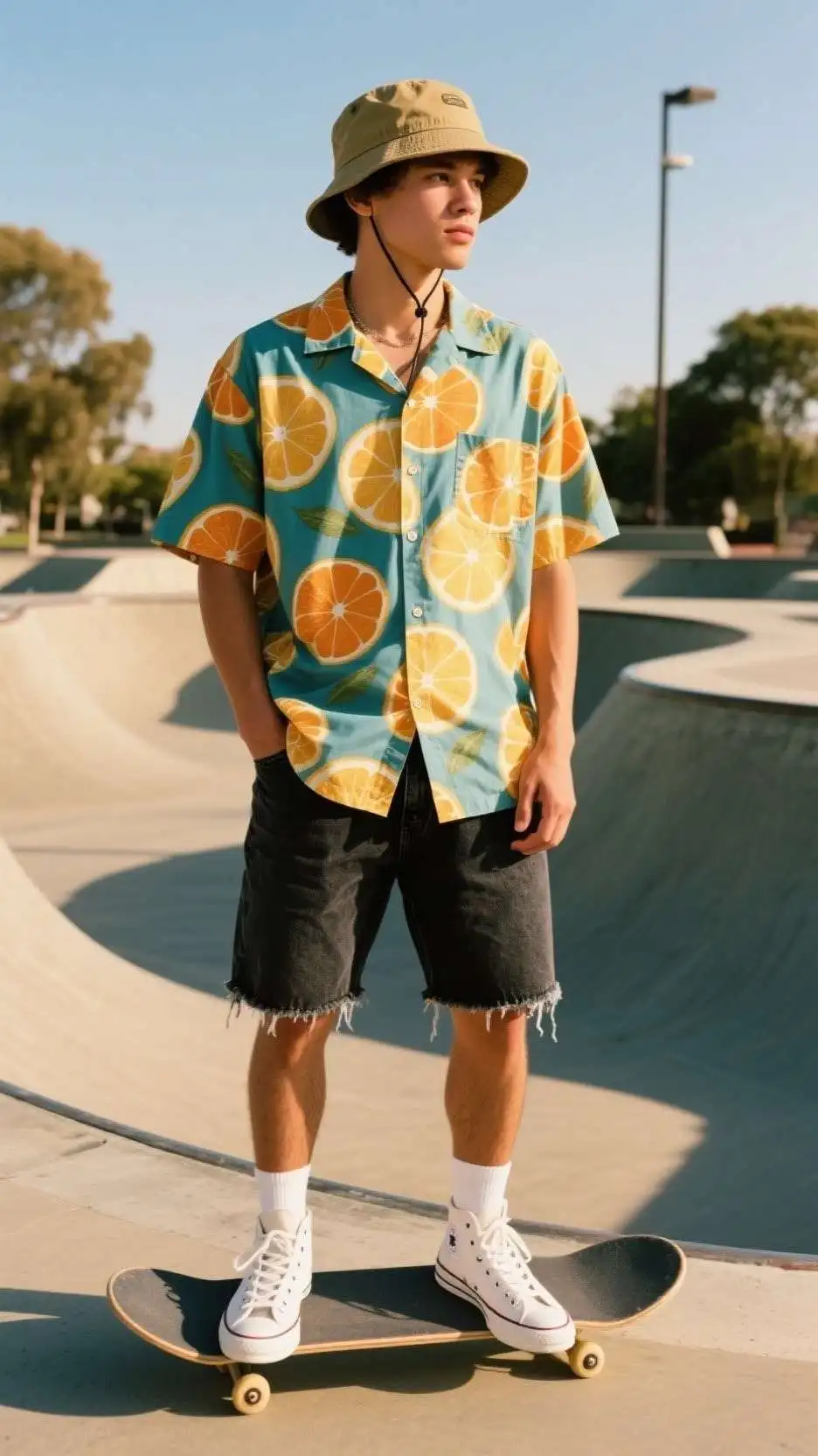 Bucket Hat + Camp Shirt + Denim Shorts + High-Top Trainers