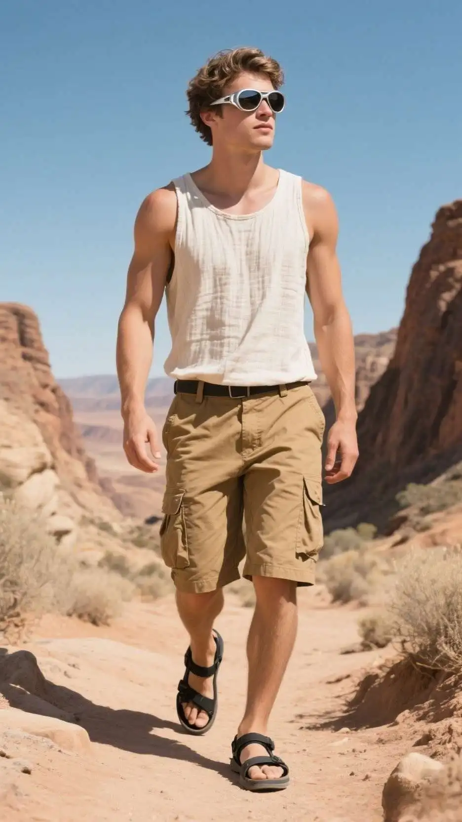Aviator Shades + Sleeveless Linen Tank + Cargo Shorts + Sport Sandals