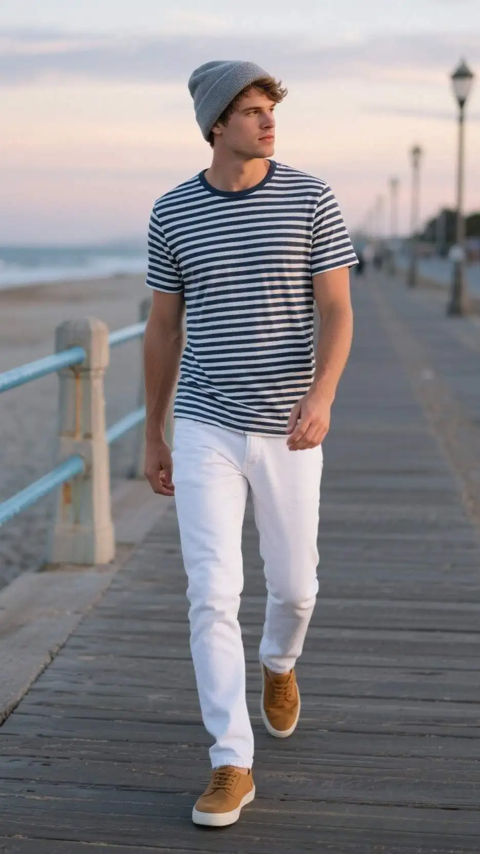 Lightweight Beanie + Breton Stripe Tee + White Jeans + Deck Shoes