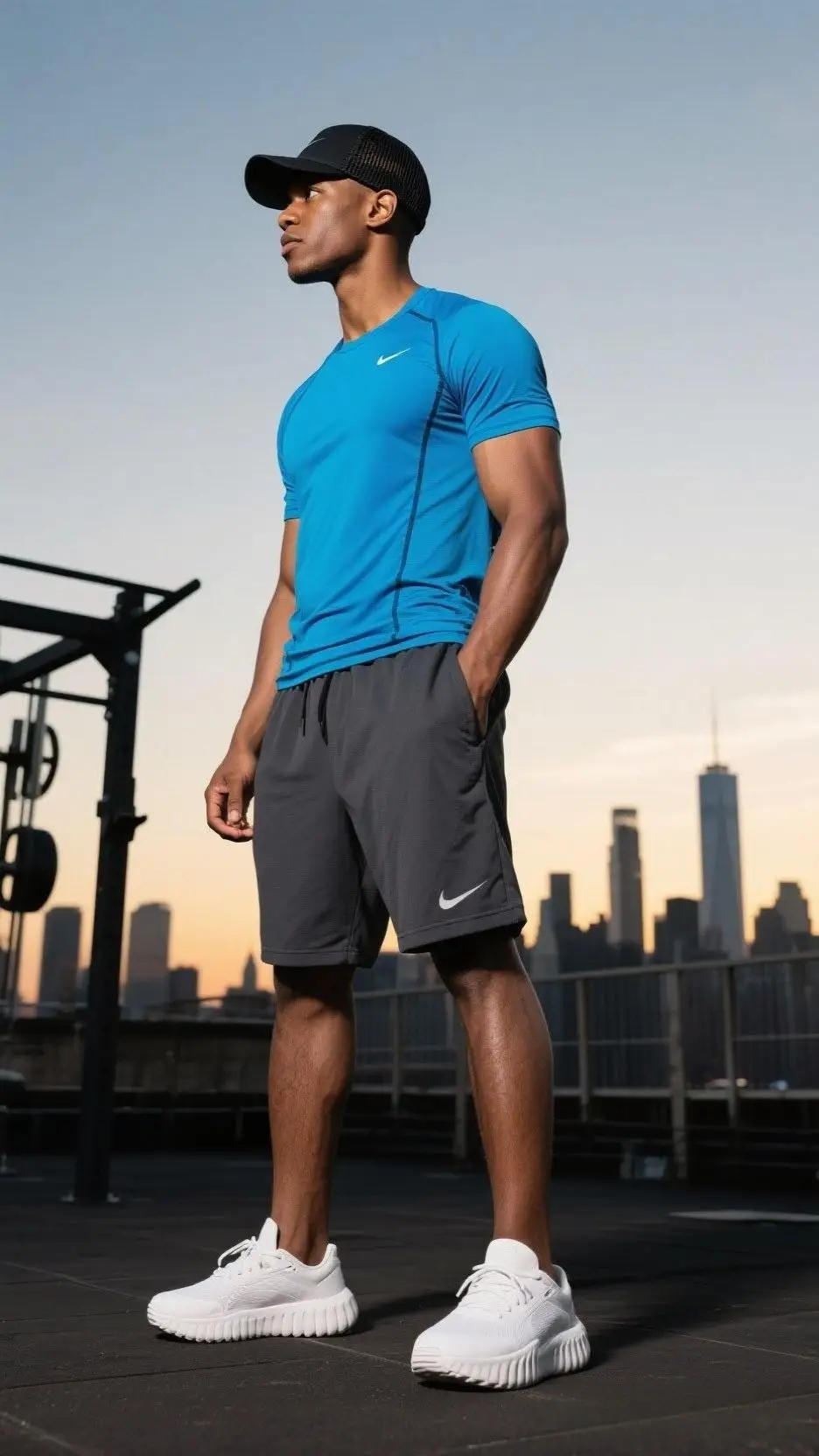 Mesh Trucker Cap + Tech Performance Shirt + Jogger Shorts + Chunky Dad Sneakers