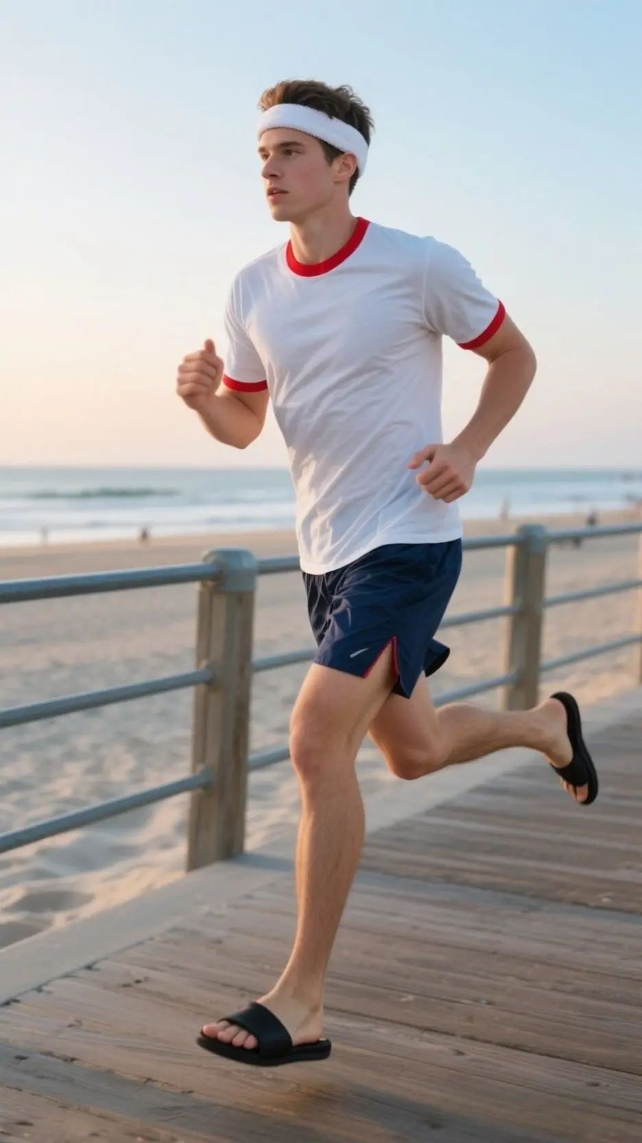 Terry Cloth Headband + Retro Ringer Tee + Nylon Running Shorts + Minimalist Slides