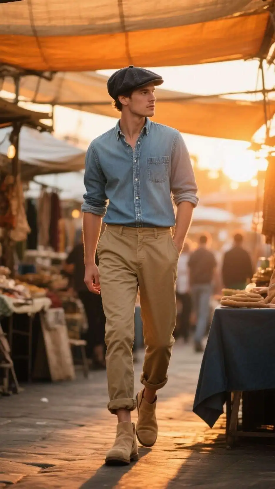 Newsboy Cap + Chambray Button-Down + Roll-Cuffed Khaki Pants + Desert Boots