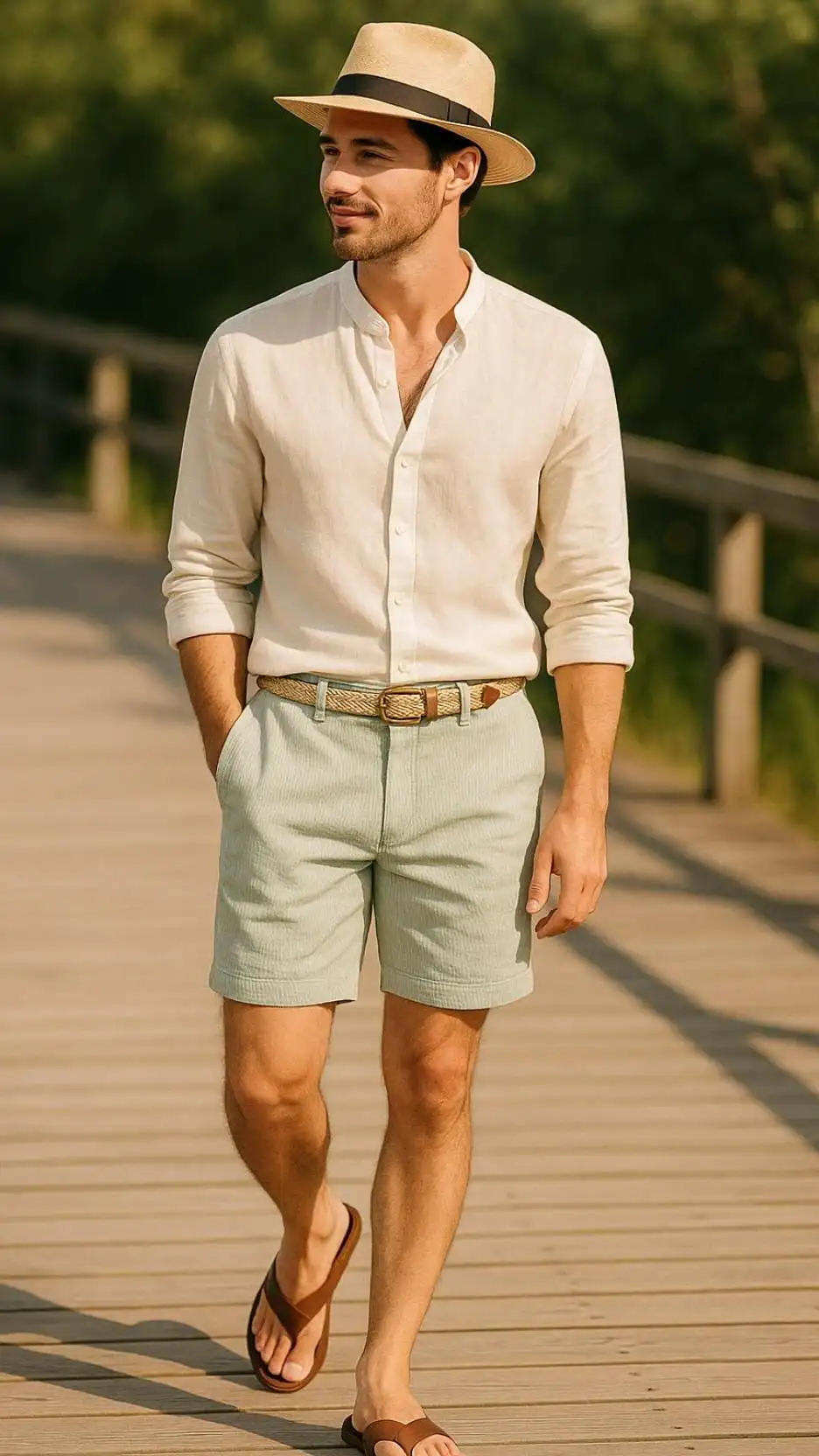 Straw Panama Hat + Linen Mandarin-Collar Shirt + Braided Cotton Belt + Tailored Seersucker Shorts + Minimalist Leather Sandals
