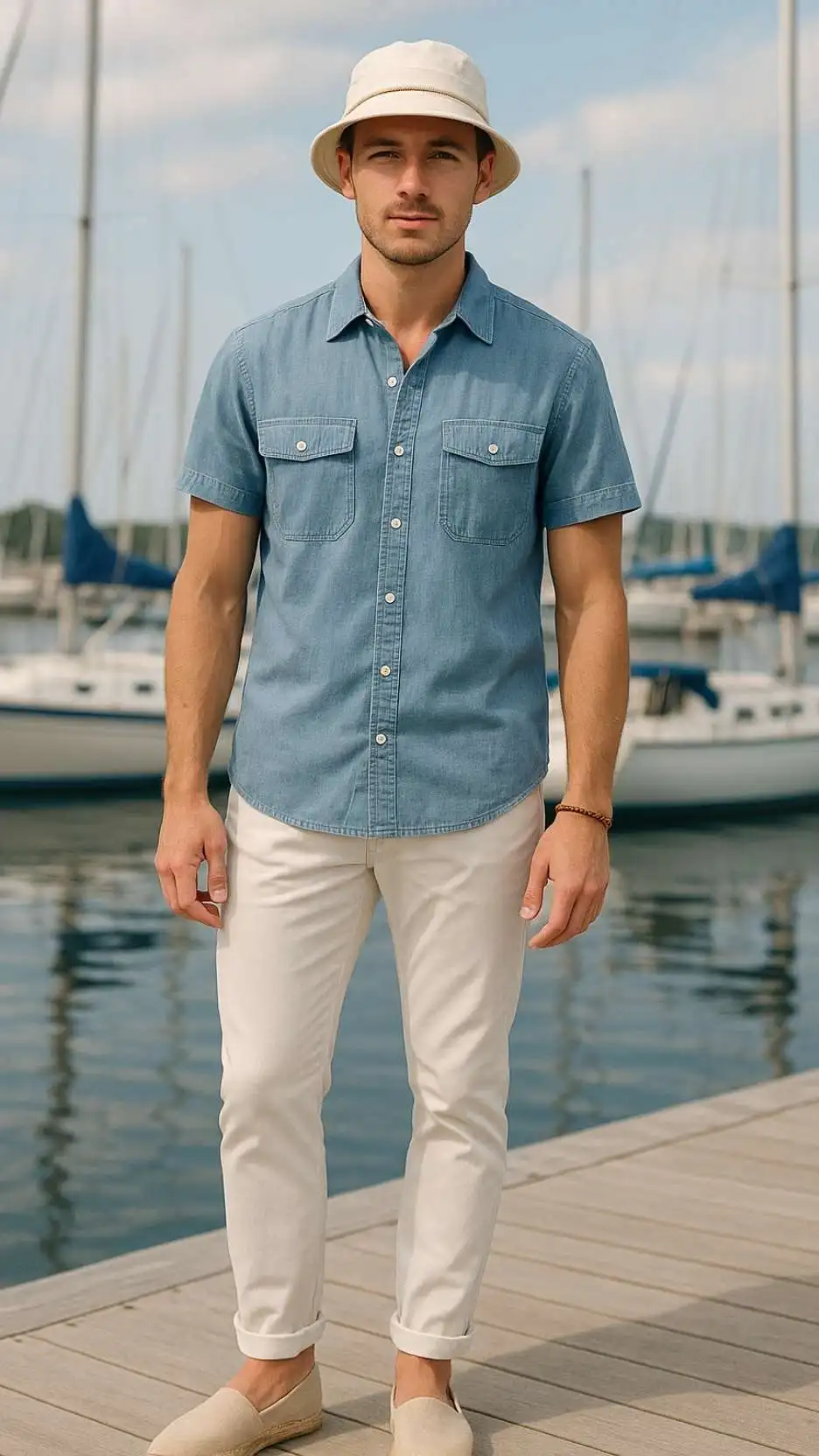 Rope-Trim Bucket Hat + Lightweight Chambray Camp Shirt + Woven Hemp Bracelet + Slim White Chinos + Canvas-Sole Espadrilles