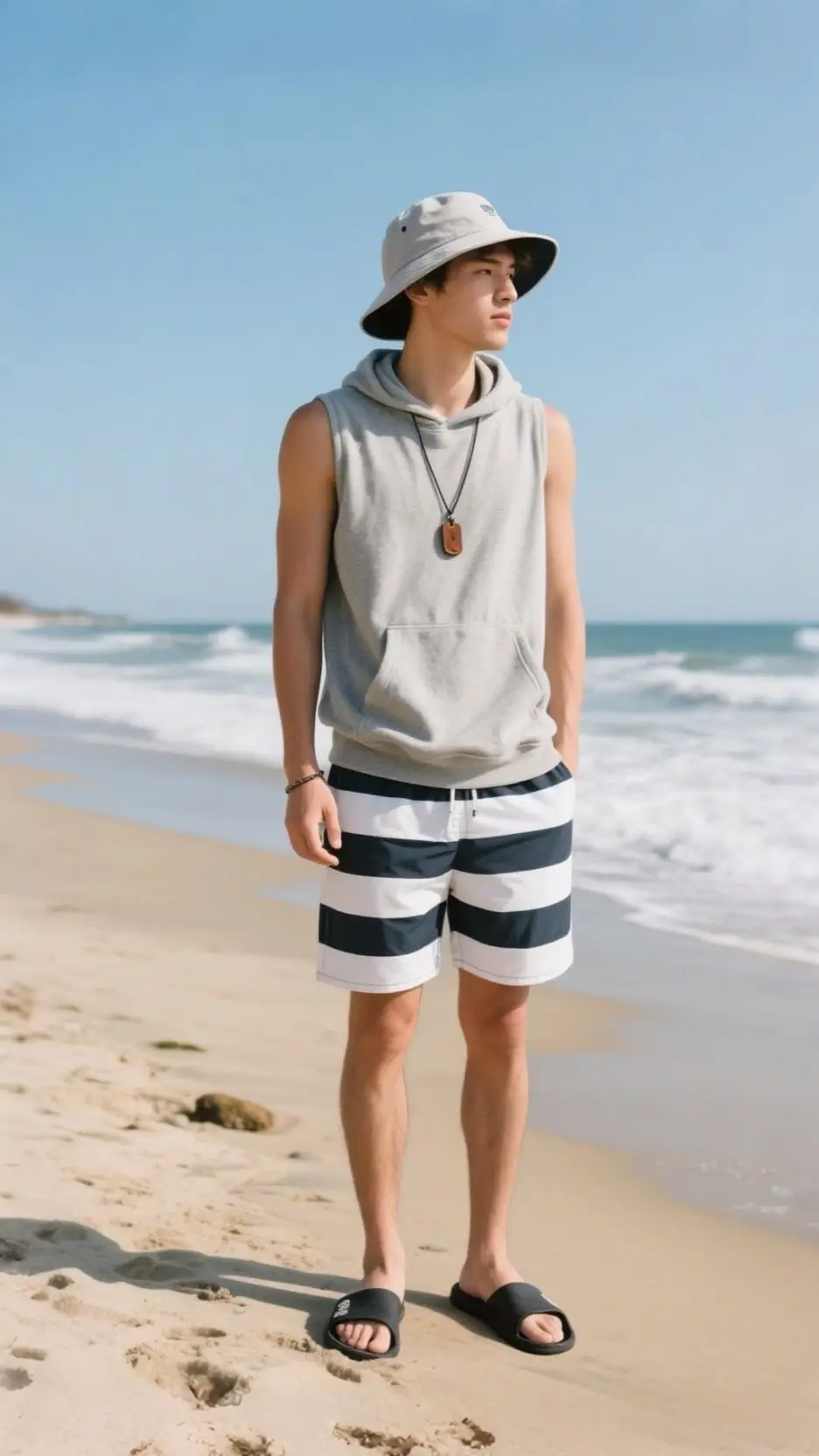 Wide-Brim Surf Cap + Sleeveless Terry Hoodie + Leather Cord Necklace + Nautical Stripe Swim Trunks + Slide Sandals