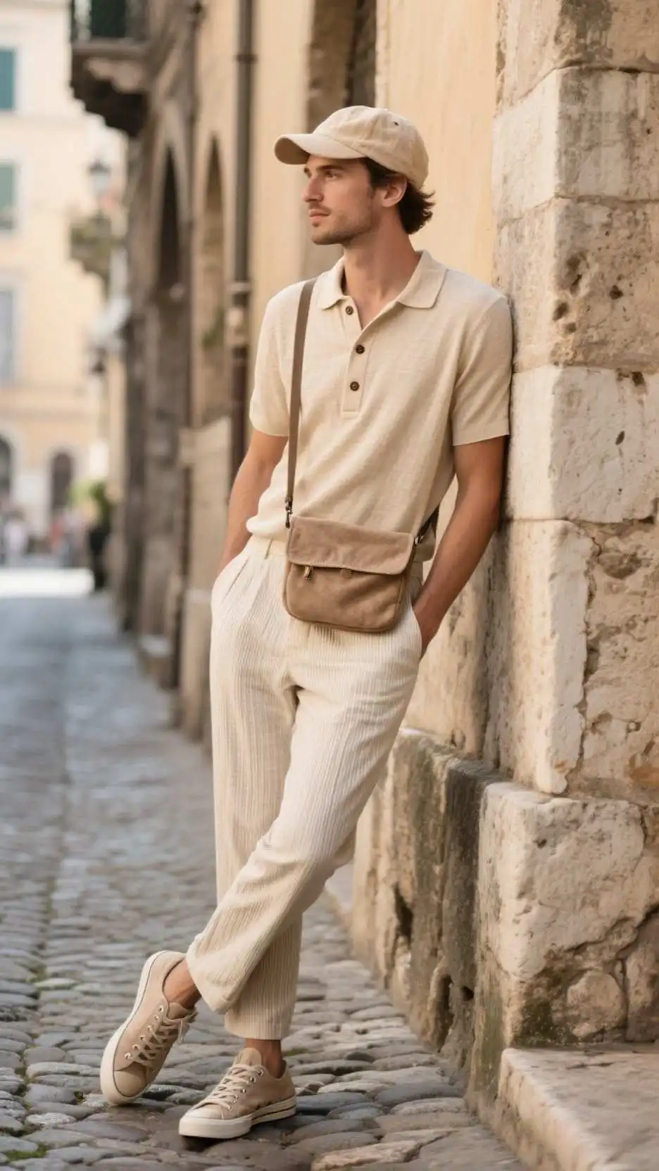 Linen Baseball Cap + Airy Henley + Suede Cross-Body Pouch + Tapered Seersucker Trousers + Desert Canvas Sneakers