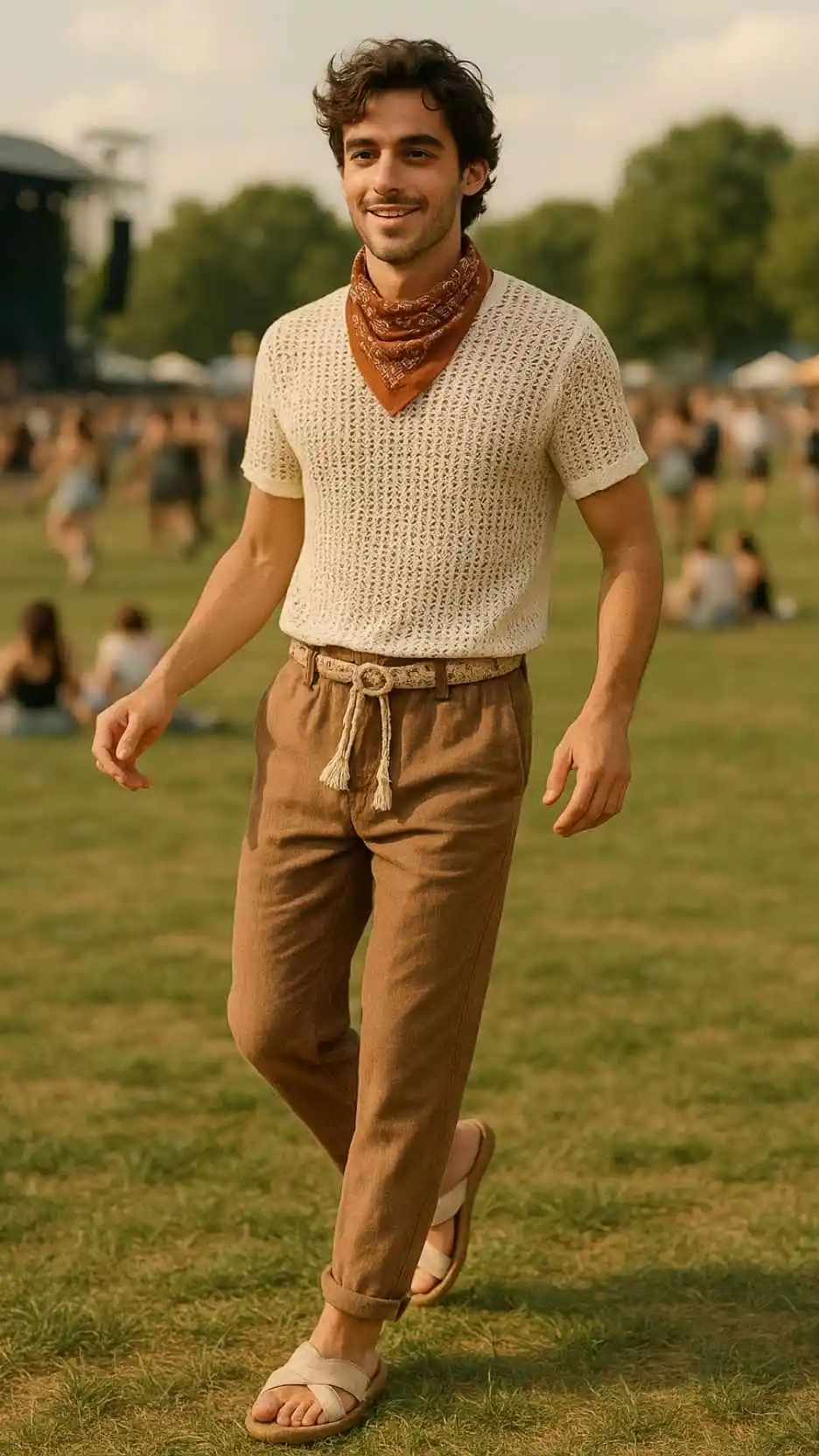 Patterned Silk Bandana + Open-Weave Crochet Shirt + Macramé Belt + Relaxed Linen Drawstring Pants + Rope-Sole Sandals