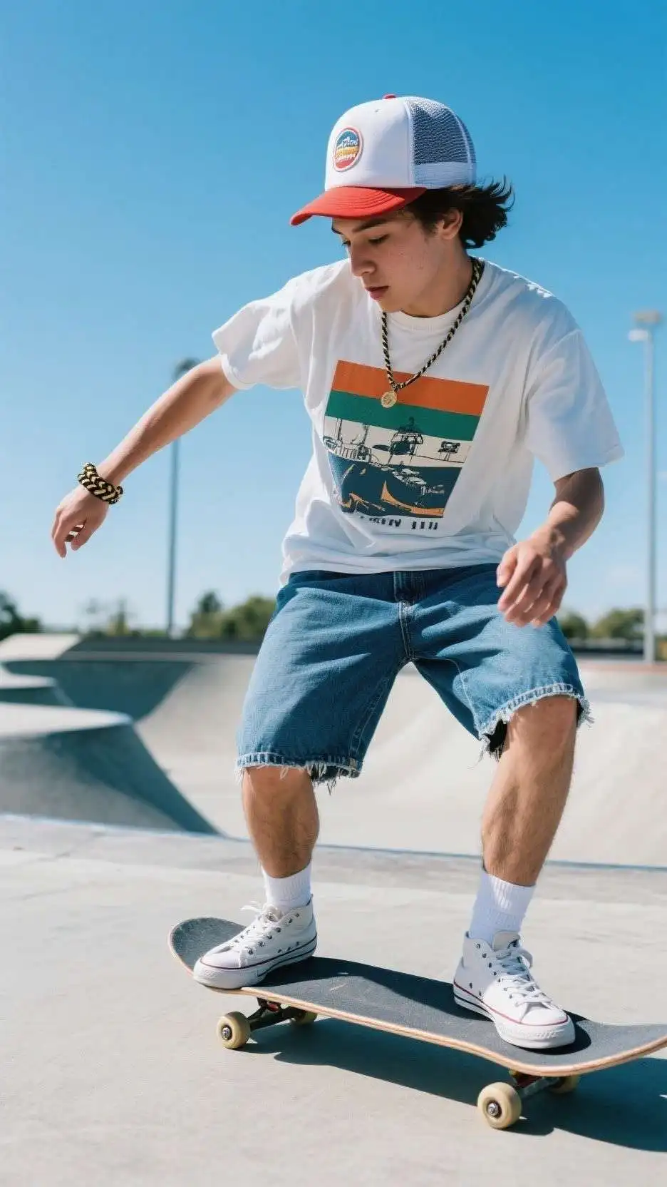 Mesh Trucker Hat + Graphic Organic-Cotton Tee + Paracord Bracelet + Indigo Denim Cutoffs + Low-Top Canvas Kicks
