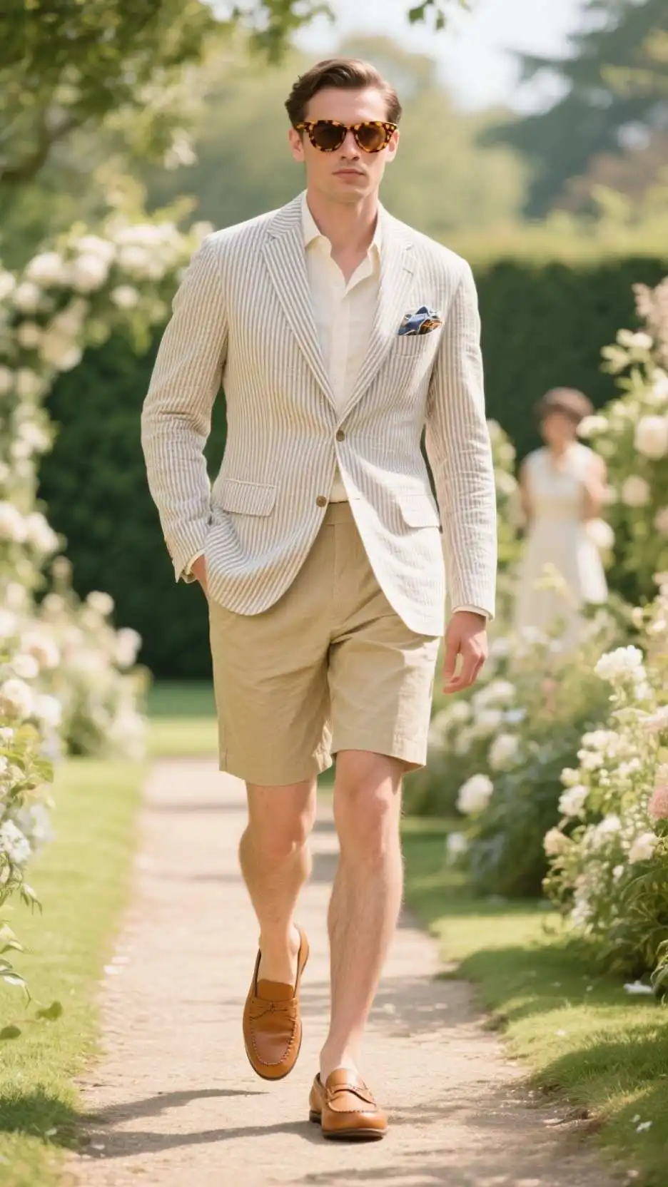 Rounded Tortoiseshell Shades + Seersucker Blazer + Pocket Square + Pale Khaki Bermuda Shorts + Leather Penny Loafers