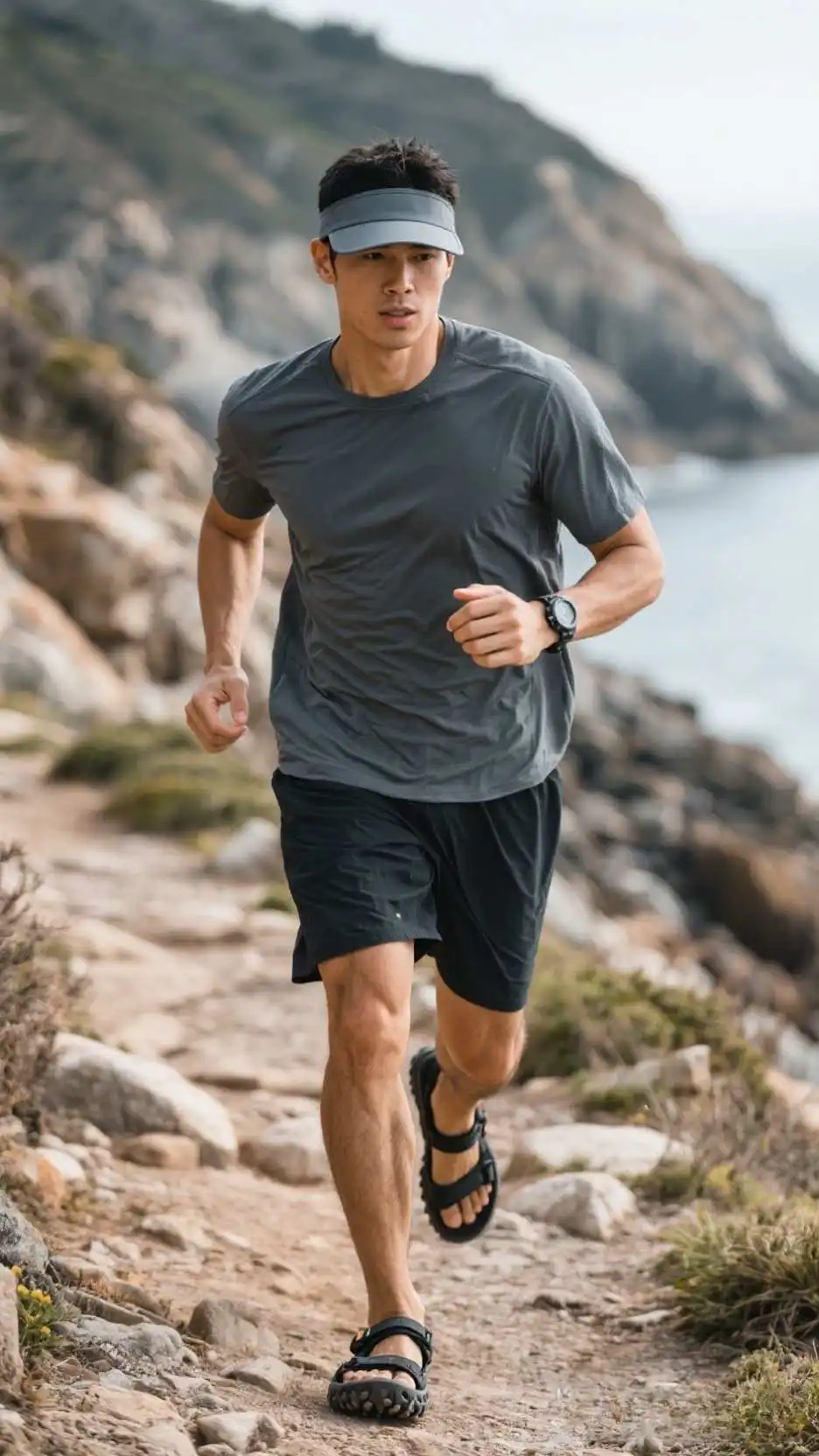 Minimalist Visor + UV-Protect Performance Tee + Silicone Dive Watch + Quick-Dry Jogger Shorts + Trail Sandals