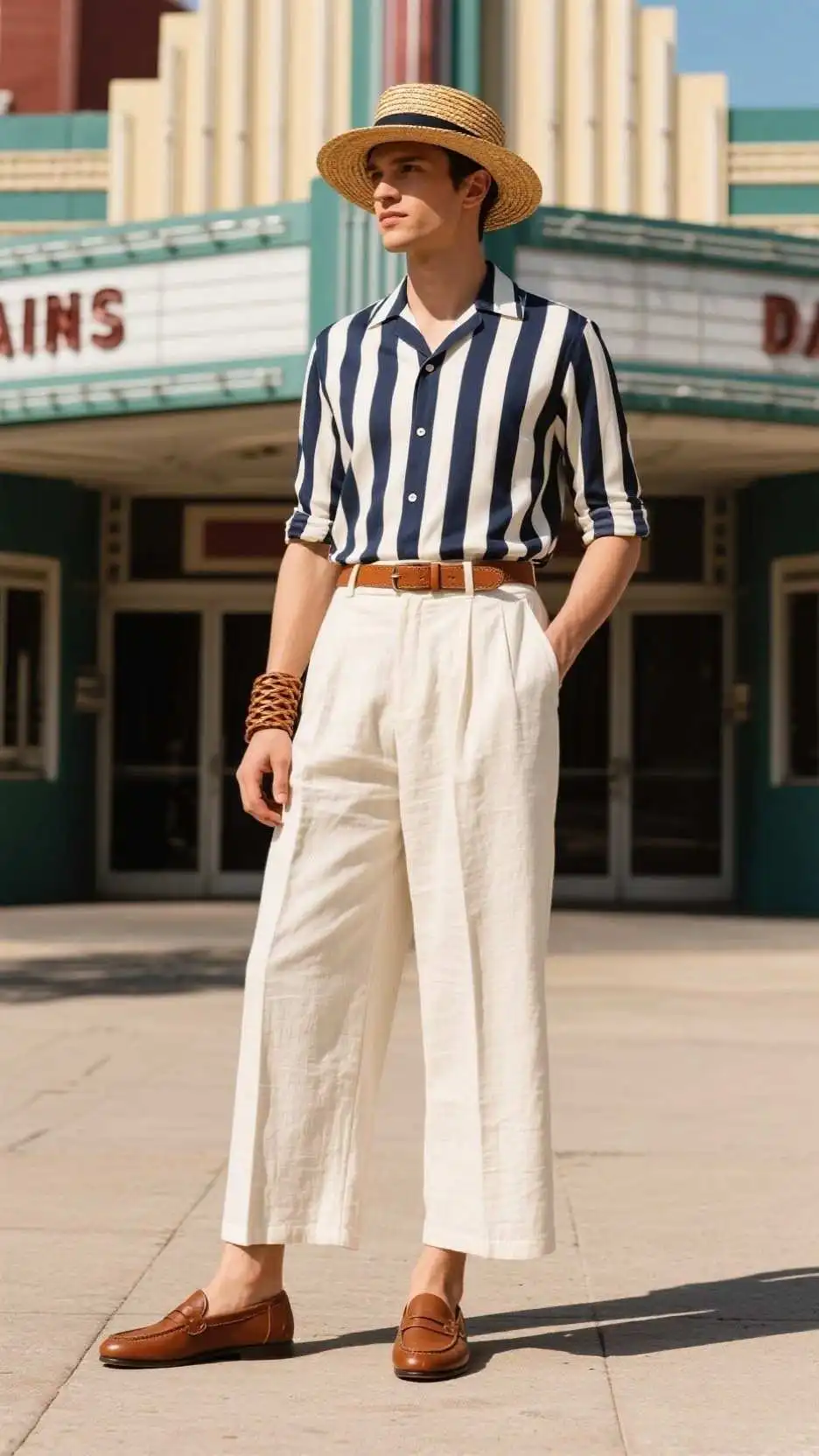 Straw Boater + Vertical-Stripe Bowling Shirt + Woven Leather Bracelet + Pleated Linen Culottes + Penny Loafers