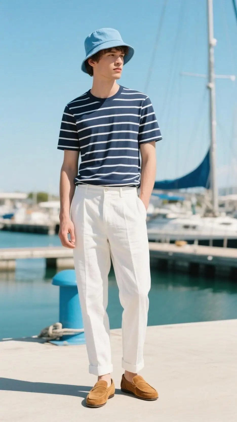 Canvas Bucket Hat + Breton Stripe Tee + White Linen Trousers + Slip-On Loafers