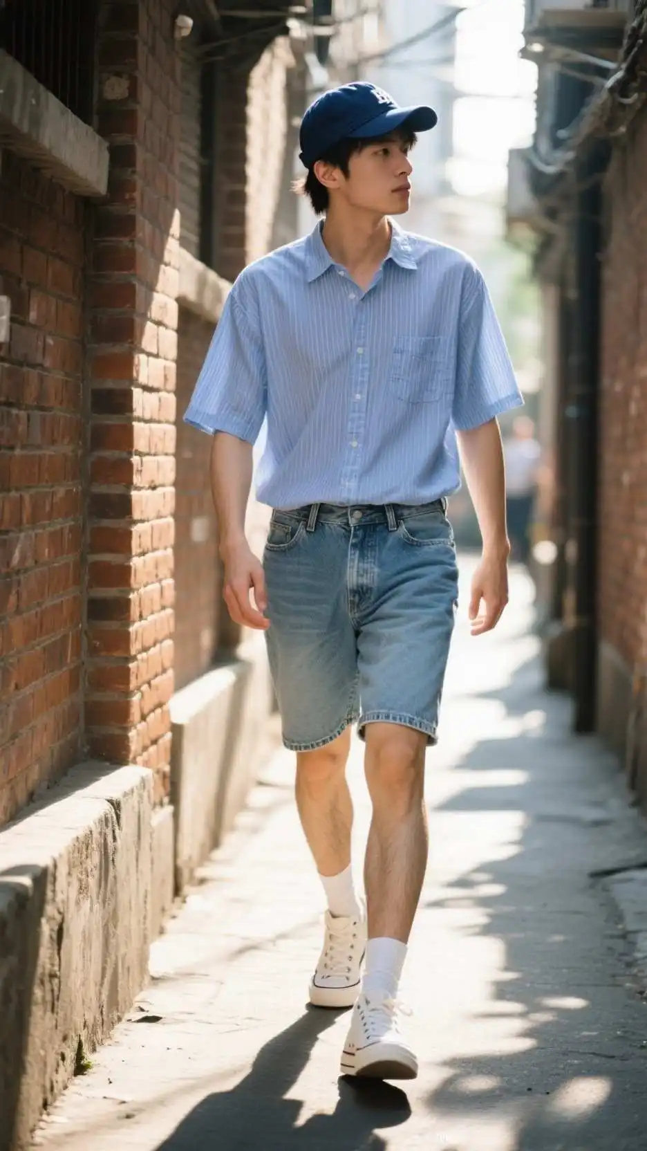 Baseball Cap + Seersucker Short-Sleeve Shirt + Stretch Denim Shorts + Retro Sneakers