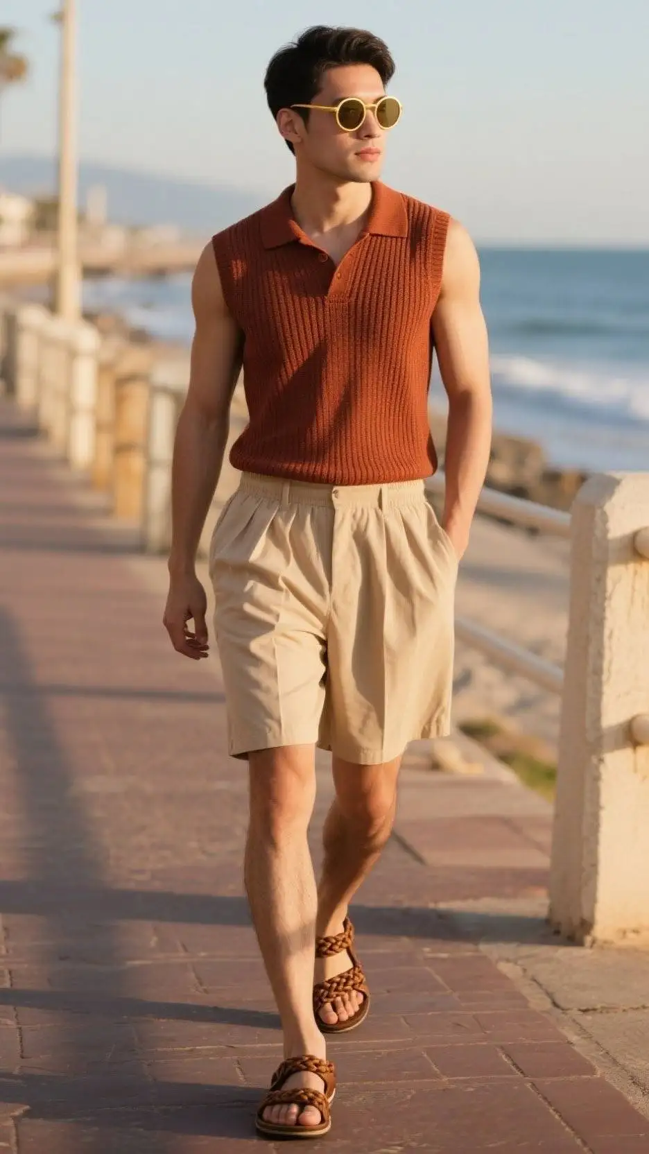 Round Sunglasses + Sleeveless Knit Polo + Pleated Linen Shorts + Braided Leather Sandals