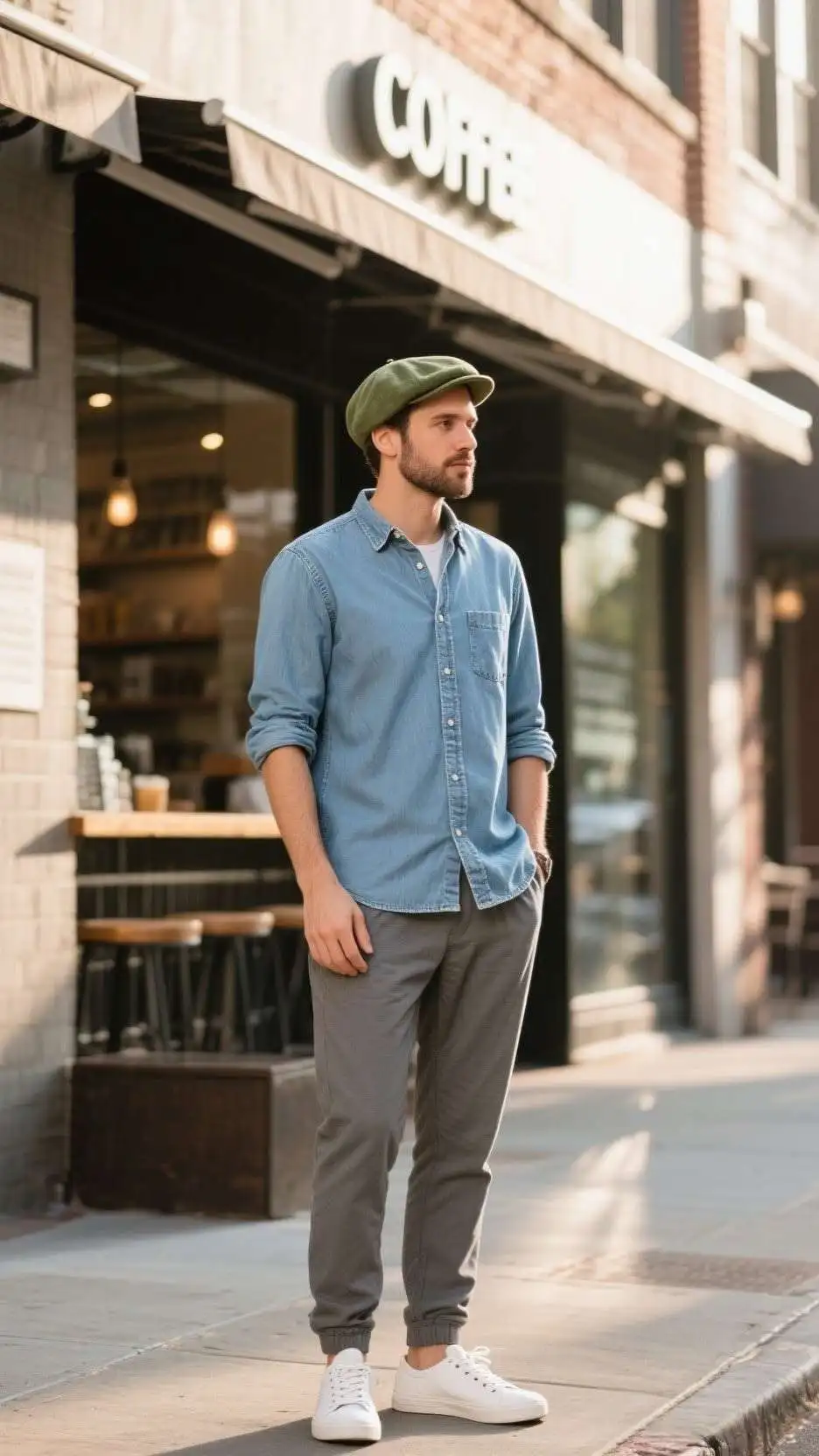 Twill Newsboy Cap + Chambray Button-Down + Tailored Jogger Pants + Low-Top Canvas Shoes