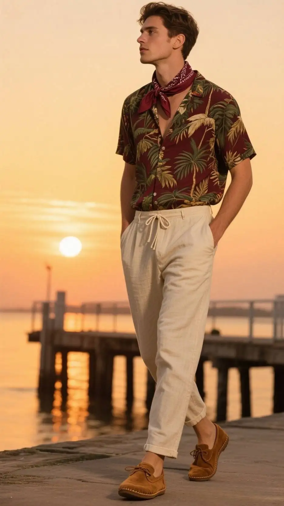 Silk Bandana + Relaxed Camp Collar Print Shirt + Drawstring Linen Pants + Suede Moccasins