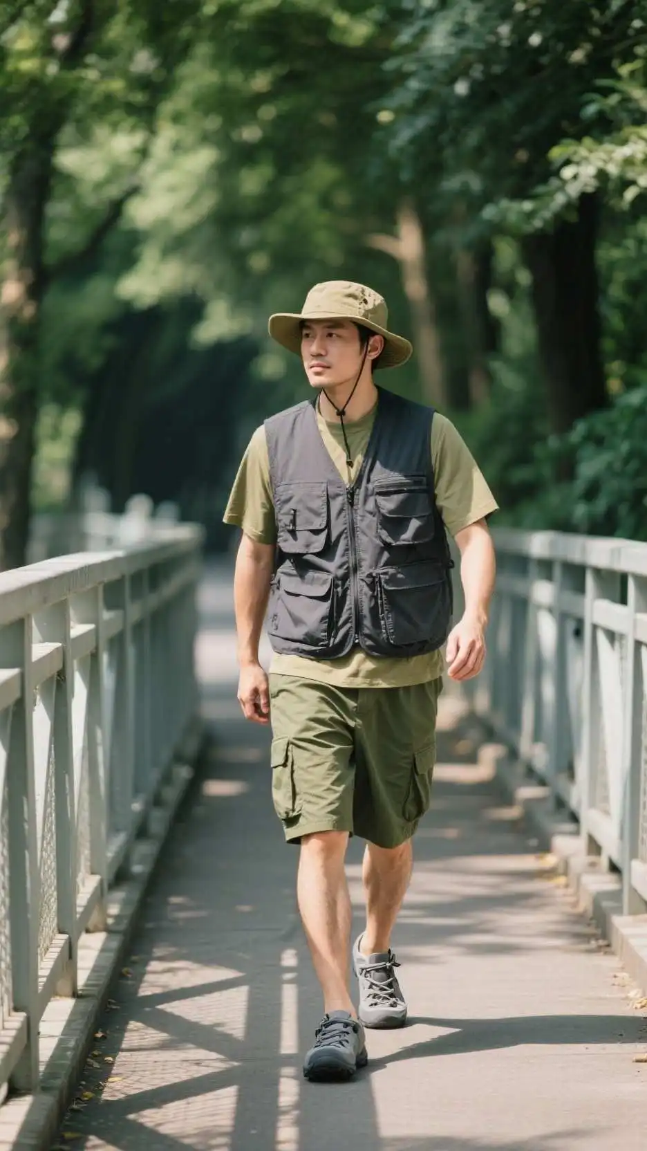 Wide-Brim Boonie Hat + Lightweight Utility Vest + Cargo Shorts + Trekking Sandals