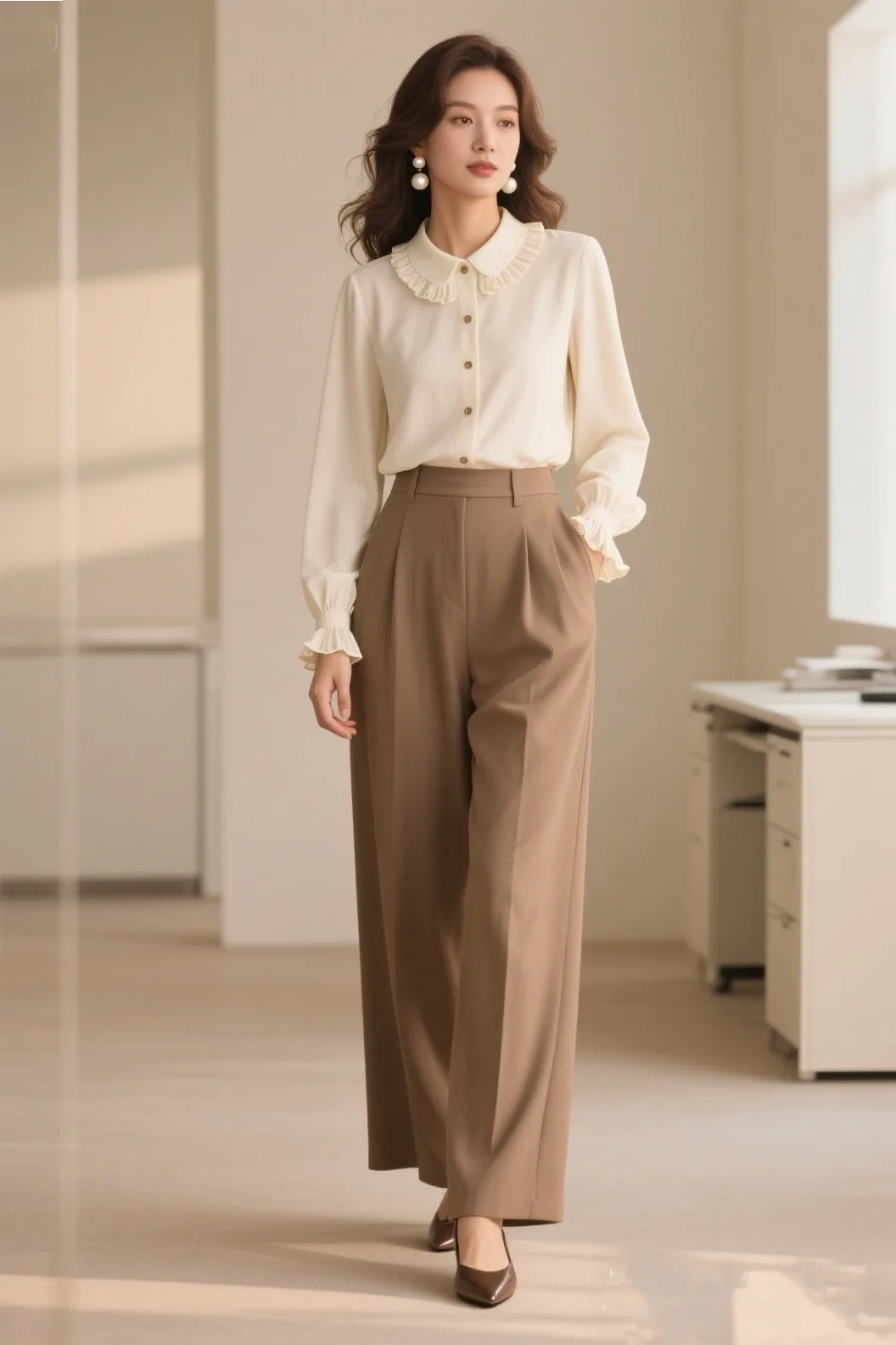 2. Frilled Collar Blouse + Wide-Leg Trousers