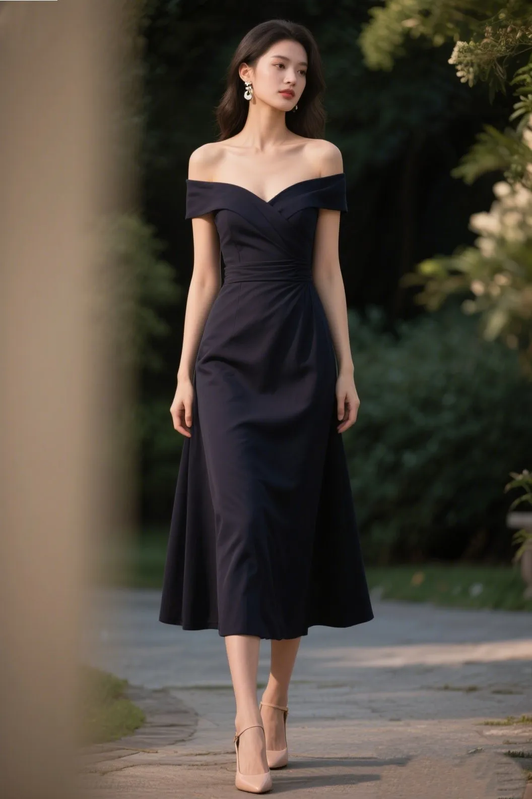 1. Off-the-Shoulder Fit & Flare Dress + Nude Heels