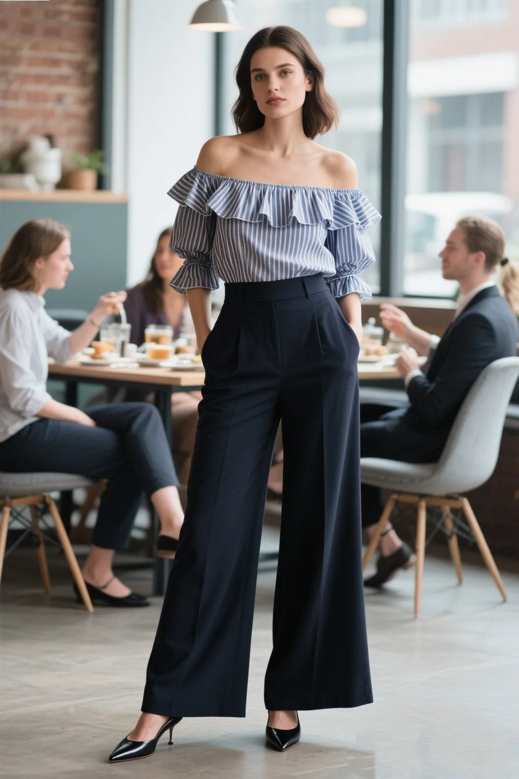 2. Off-the-Shoulder Ruffle Top + High-Waisted Wide-Leg Pants