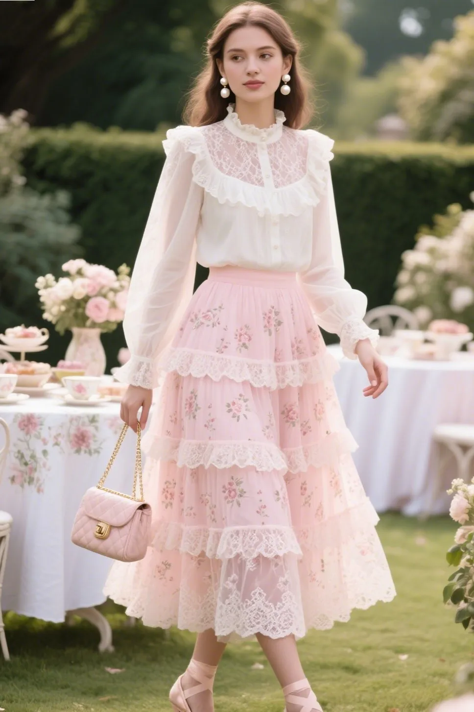 2. Romantic Look: Tiered Midi Skirt + Lace Blouse