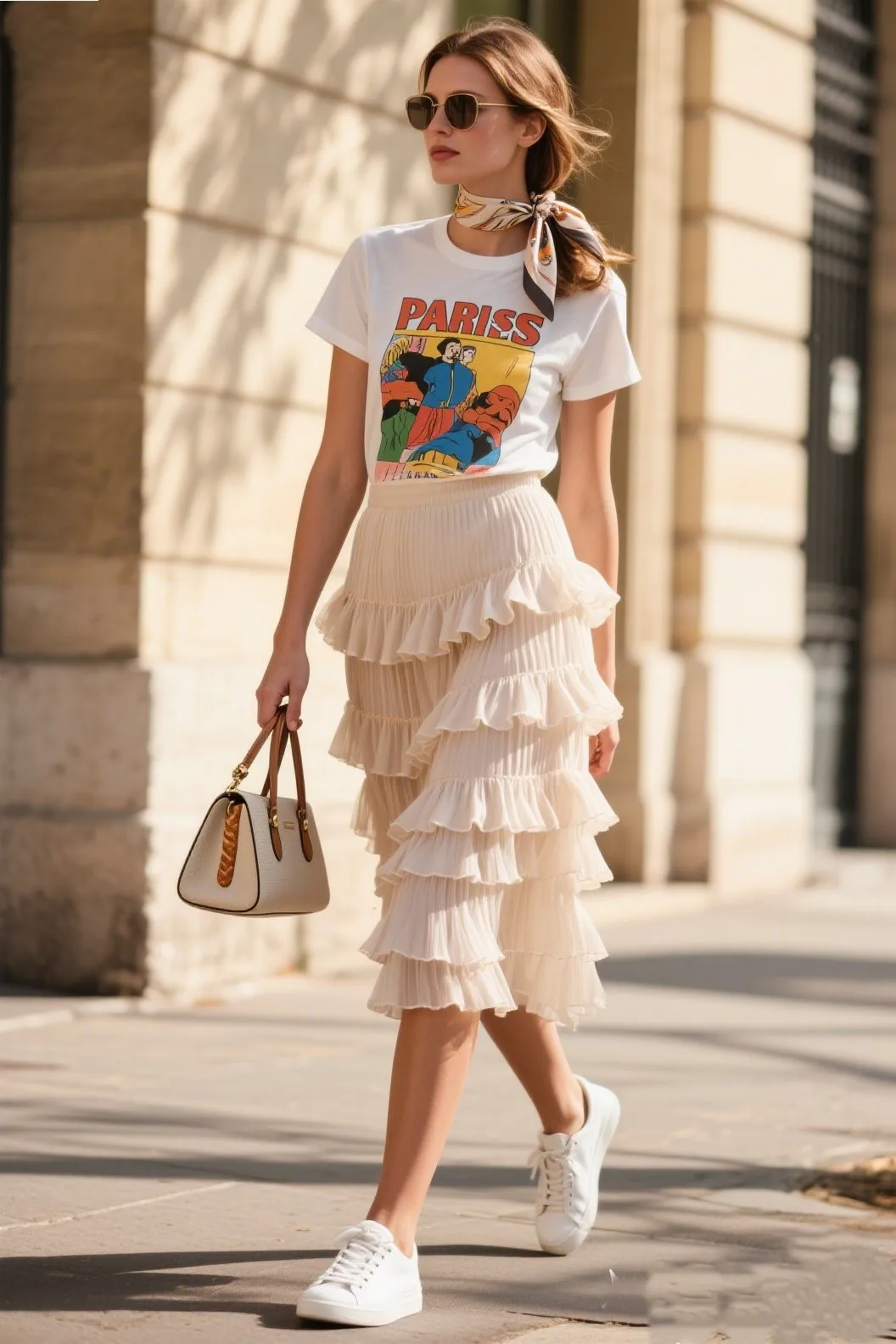 4. Parisian Casual: Ruffle Skirt + Graphic Tee