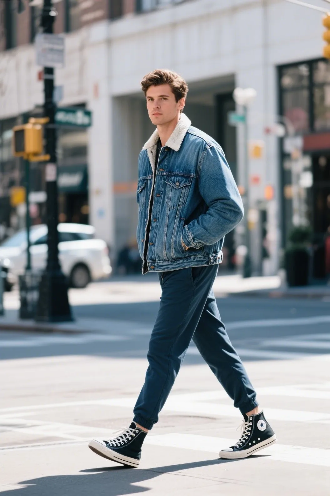 An oversized denim jacket