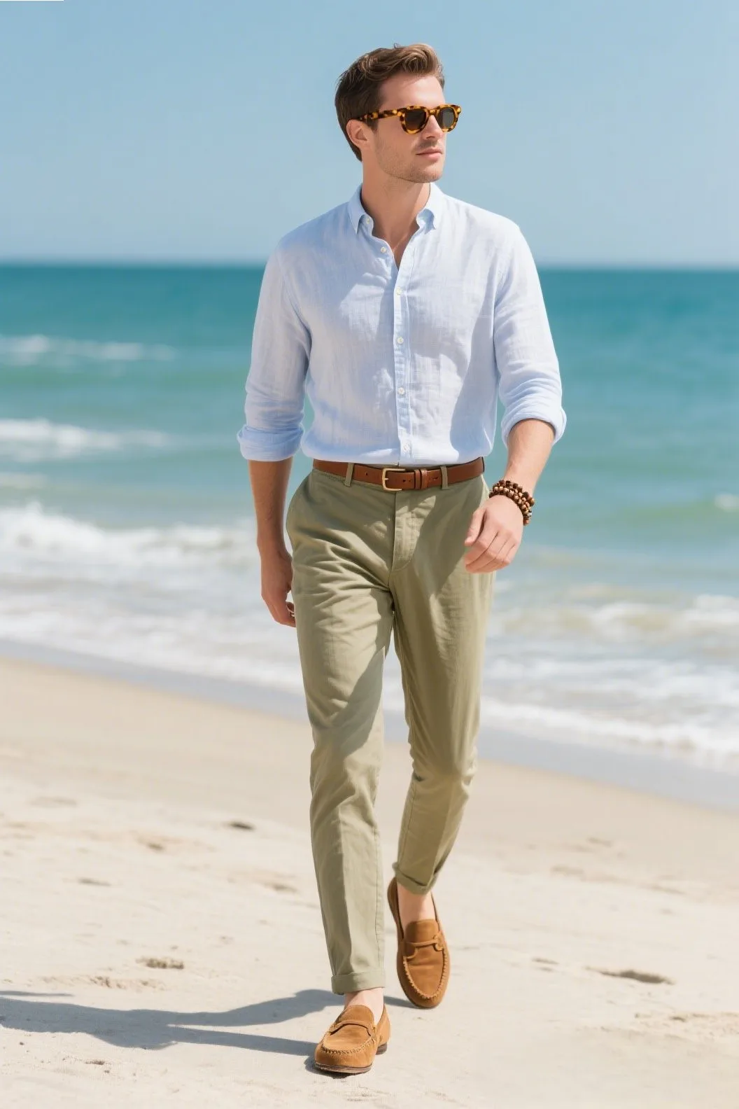 1. The Coastal Classic: Linen Button-Down + Slim Chinos + Loafers