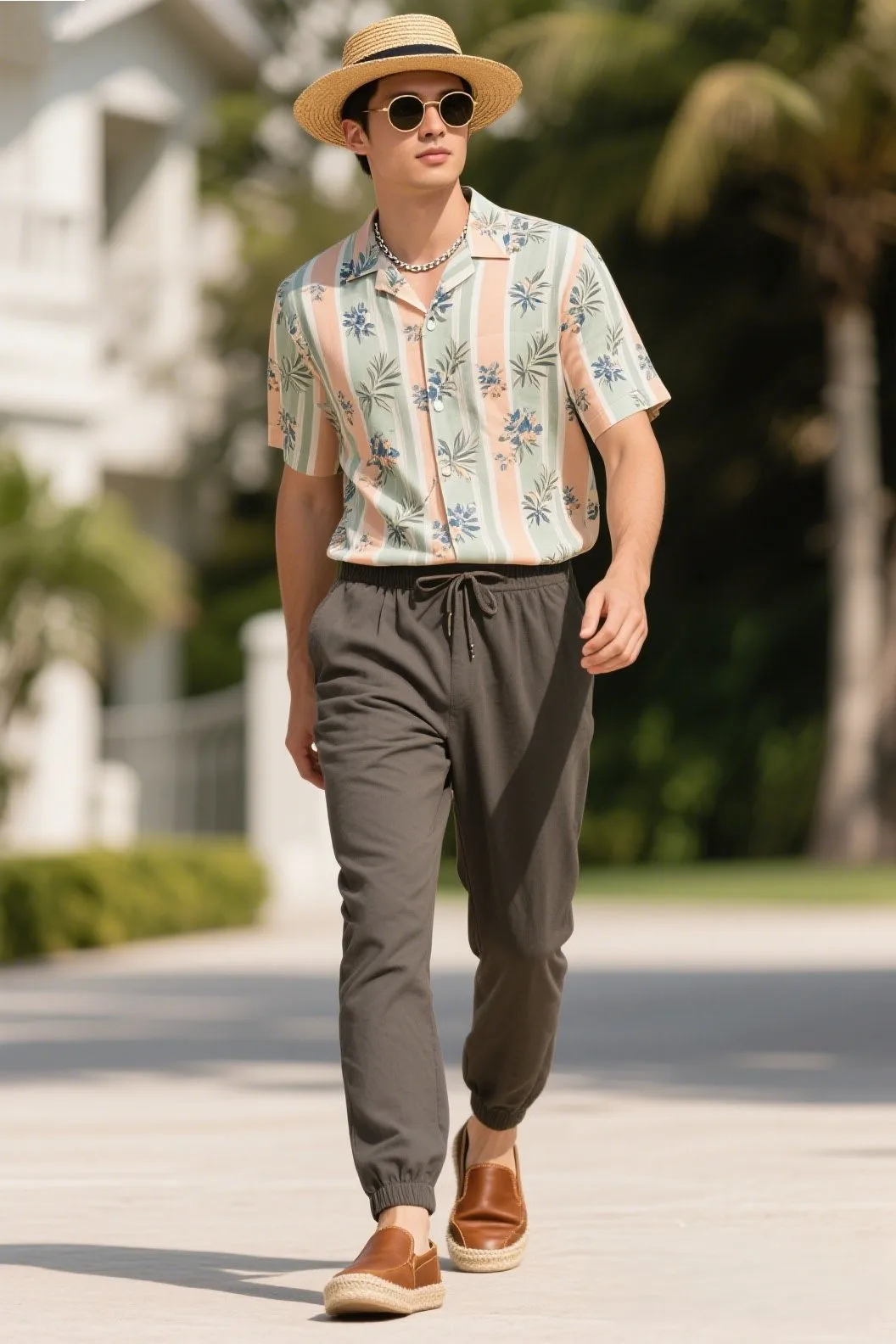 3. Easy Elegance: Short-Sleeve Print Shirt + Dress Joggers + Slip-ons