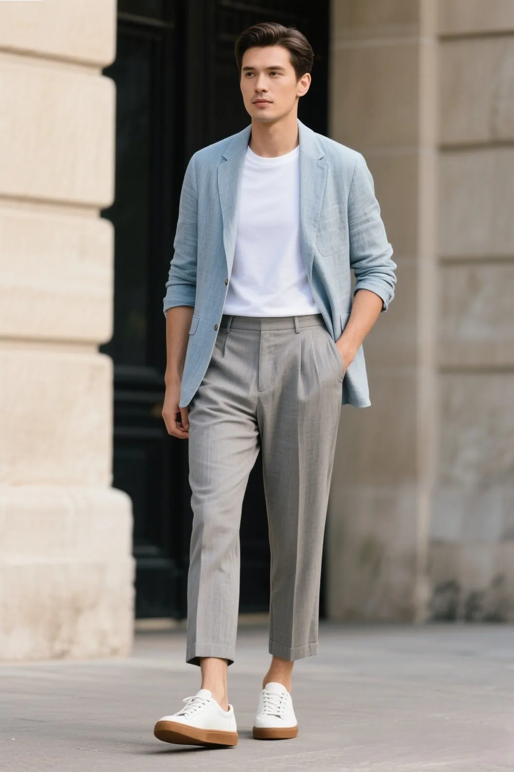 4. The Smart Layer: Lightweight Blazer + Crew Neck Tee + Cropped Trousers