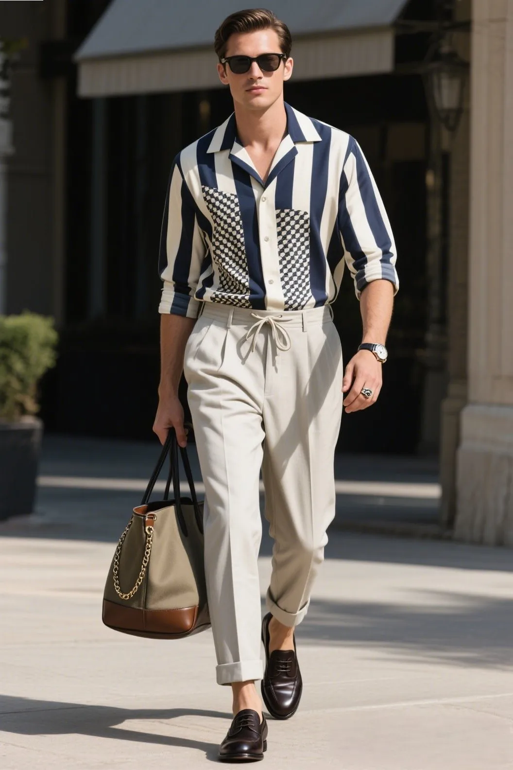 5. Laid-back Luxe: Camp Collar Shirt + Drawstring Trousers + Derby Shoes