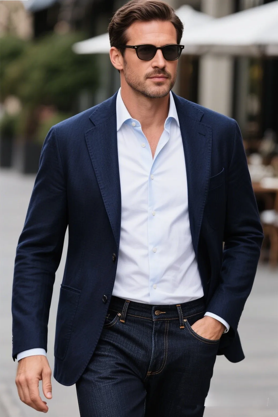 1. The Modern Gentleman: Navy Blazer + Button-Down + Dark Jeans