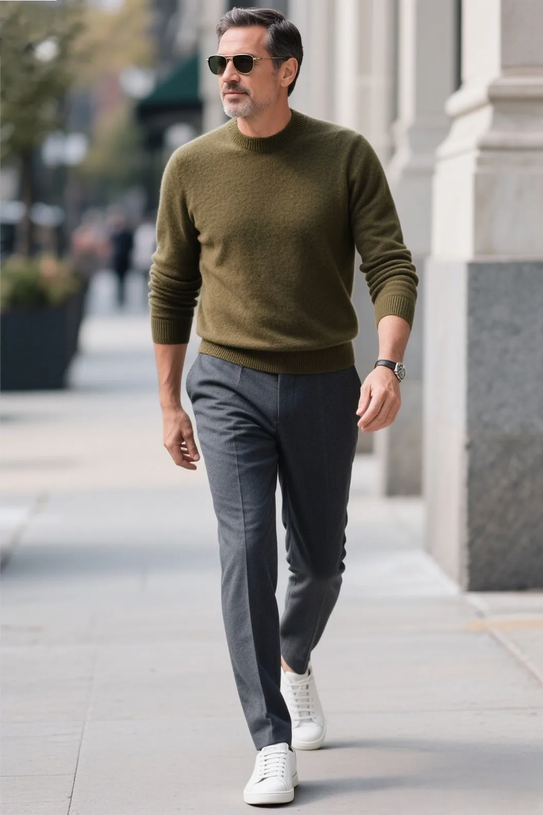 3. The Urban Minimalist: Merino Sweater + Trousers + White Sneakers