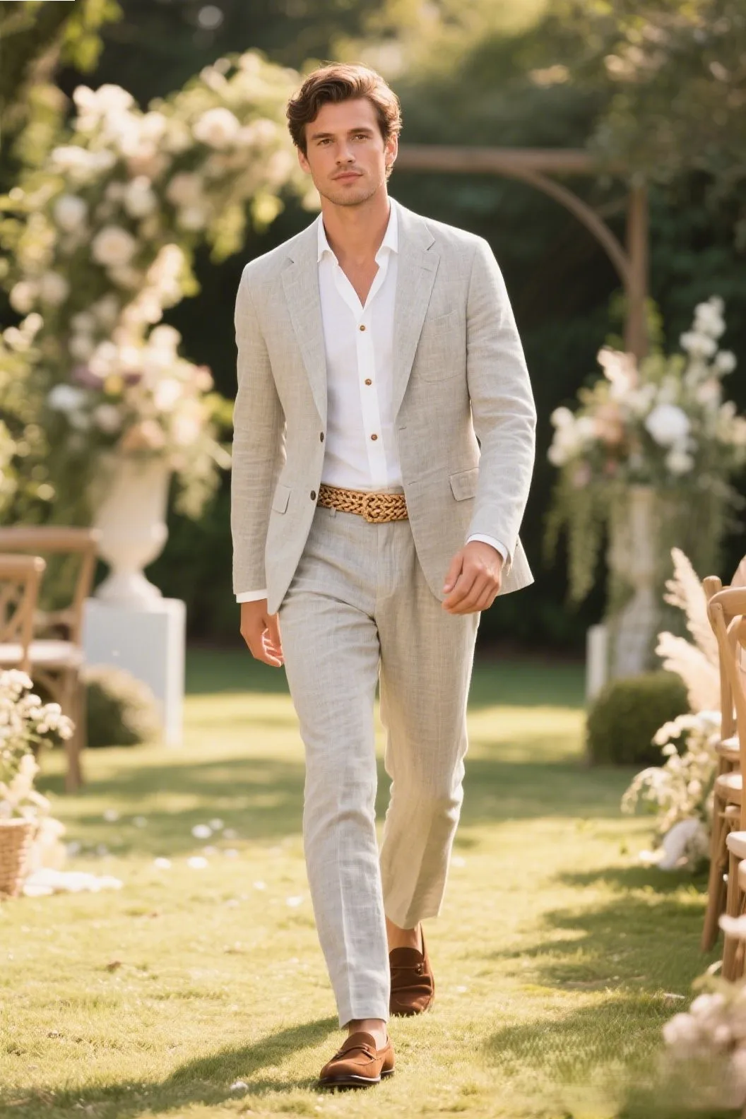 1. The Linen Suit + Light Cotton Shirt Combo