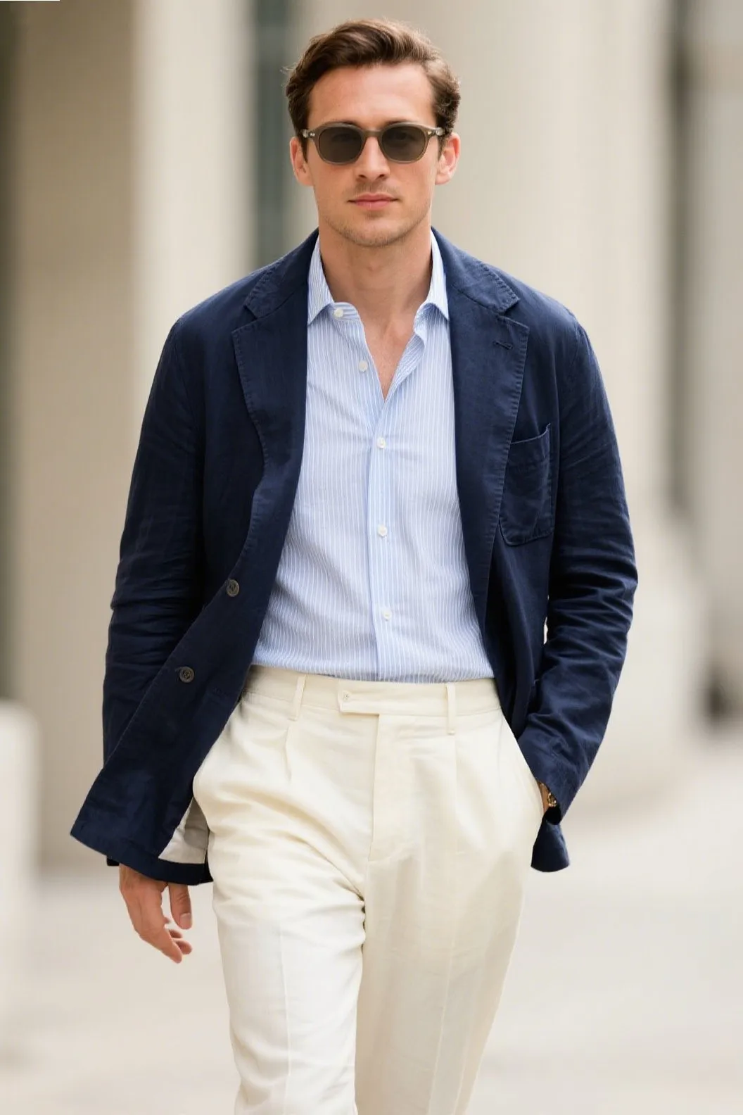 2. The Unstructured Blazer + Trousers + No-Tie Look
