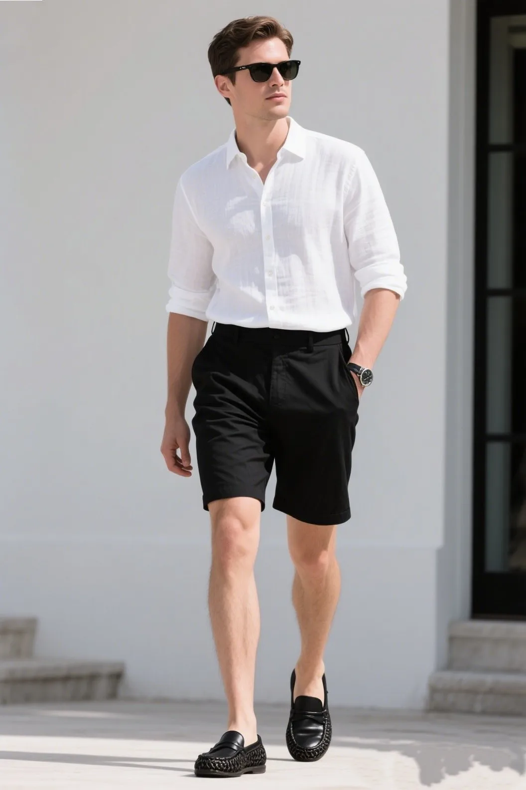 1. 🌤 The Monochrome Chill: White Shirt + Black Shorts + Black Loafers