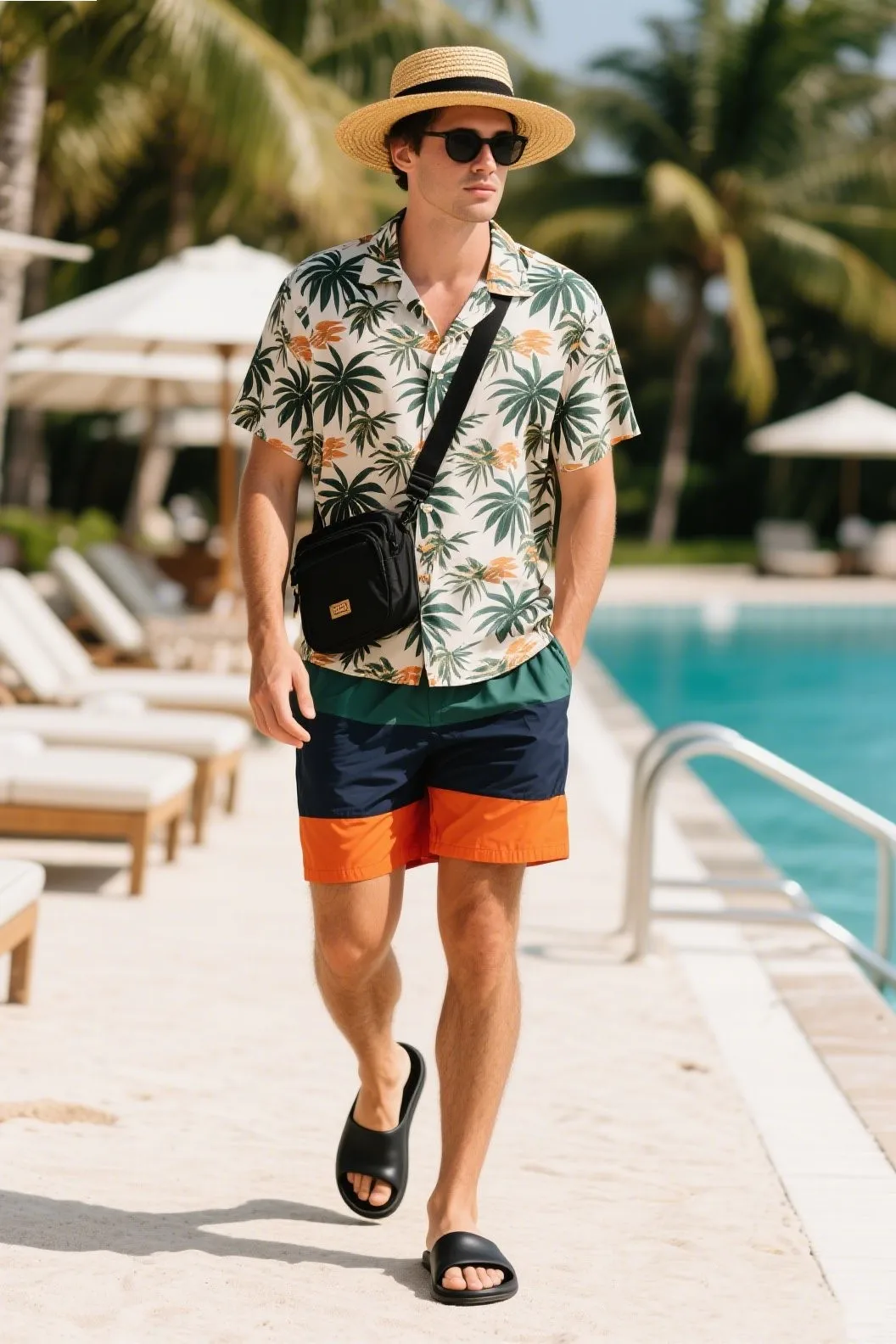 5. 🏖 Beach-to-Bar: Camp Collar Shirt + Swim Shorts + Black Slides