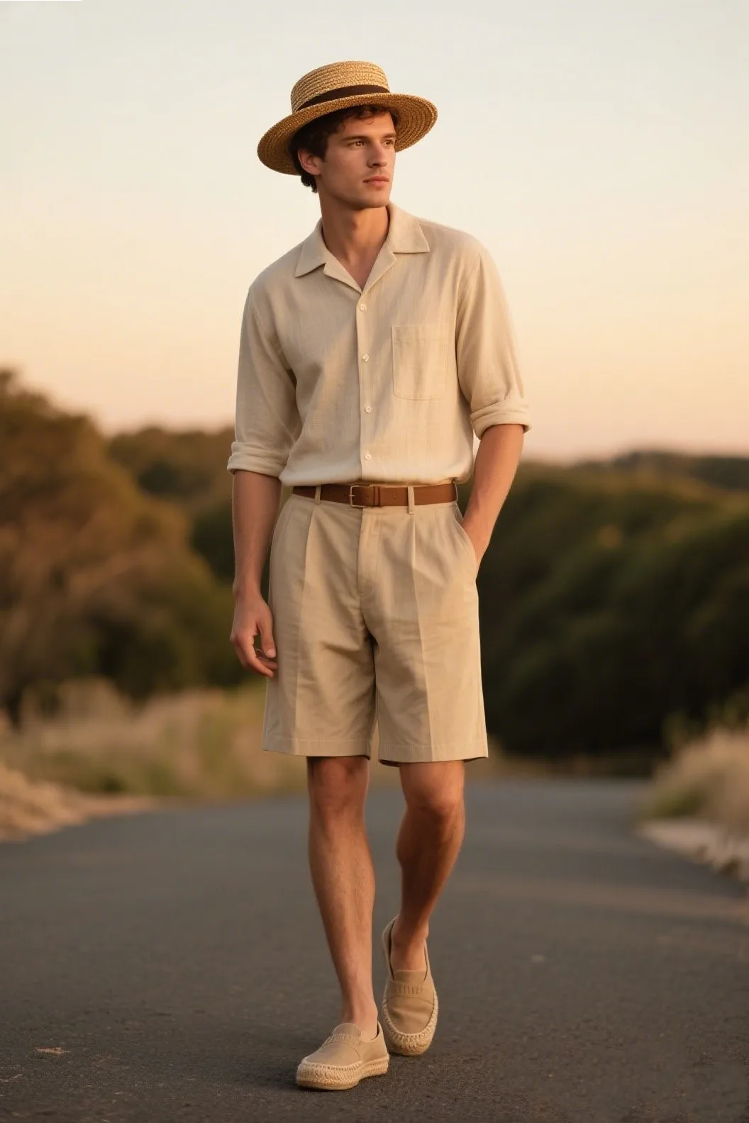 🌅 3. The Sunset Sophisticate: Camp Collar Shirt + Dress Shorts + Espadrilles